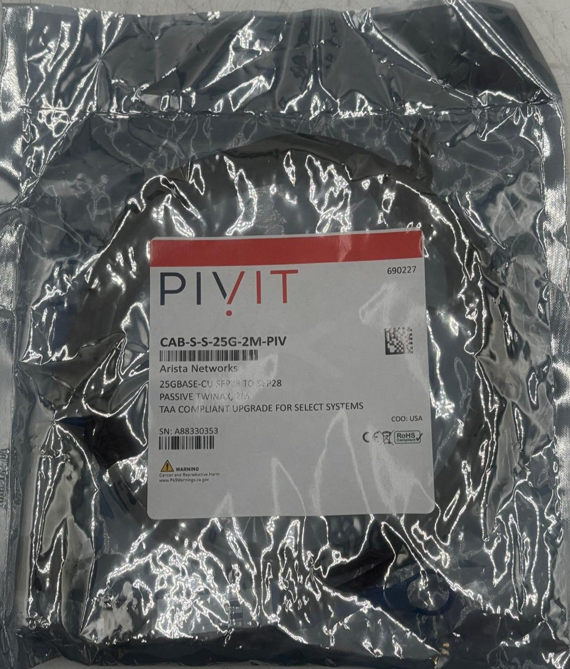Pivit (Arista) CAB-S-S-25G-2M-PIV 25GBASE-CU SFP28 to SFP28 2m Twinax Cable