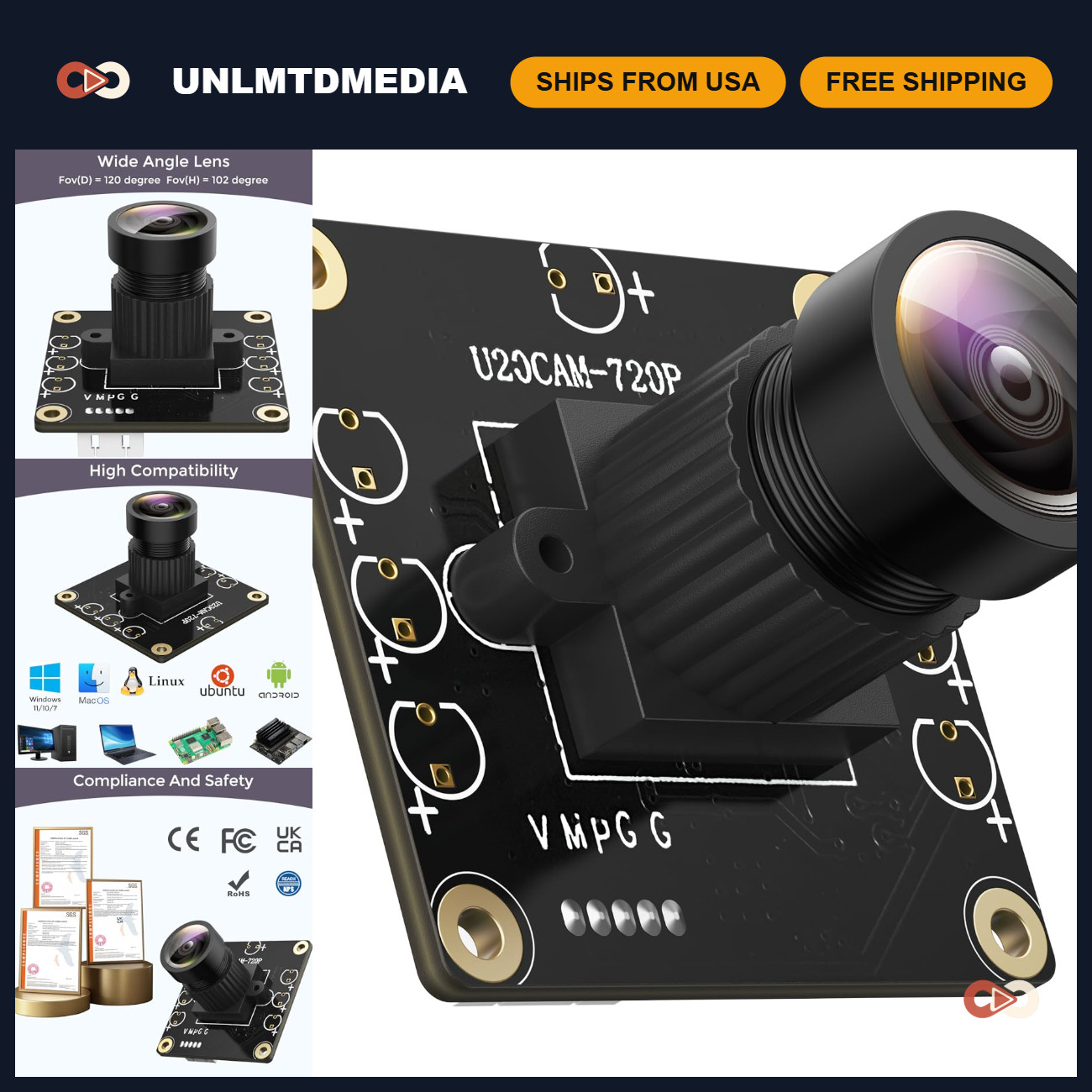 720P USB 2.0 UVC Camera, 120° DFOV, Compatible with Raspberry Pi & Jetson Nano