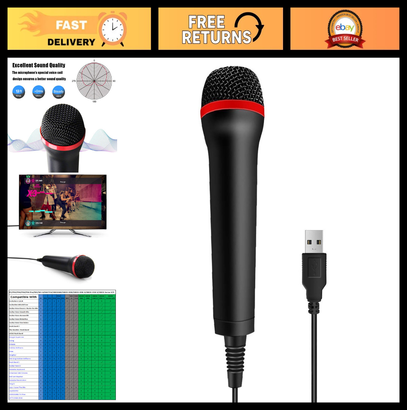 13FT Wired USB Microphone for Rock Band & Karaoke - Compatible with PS2, PS3, PS