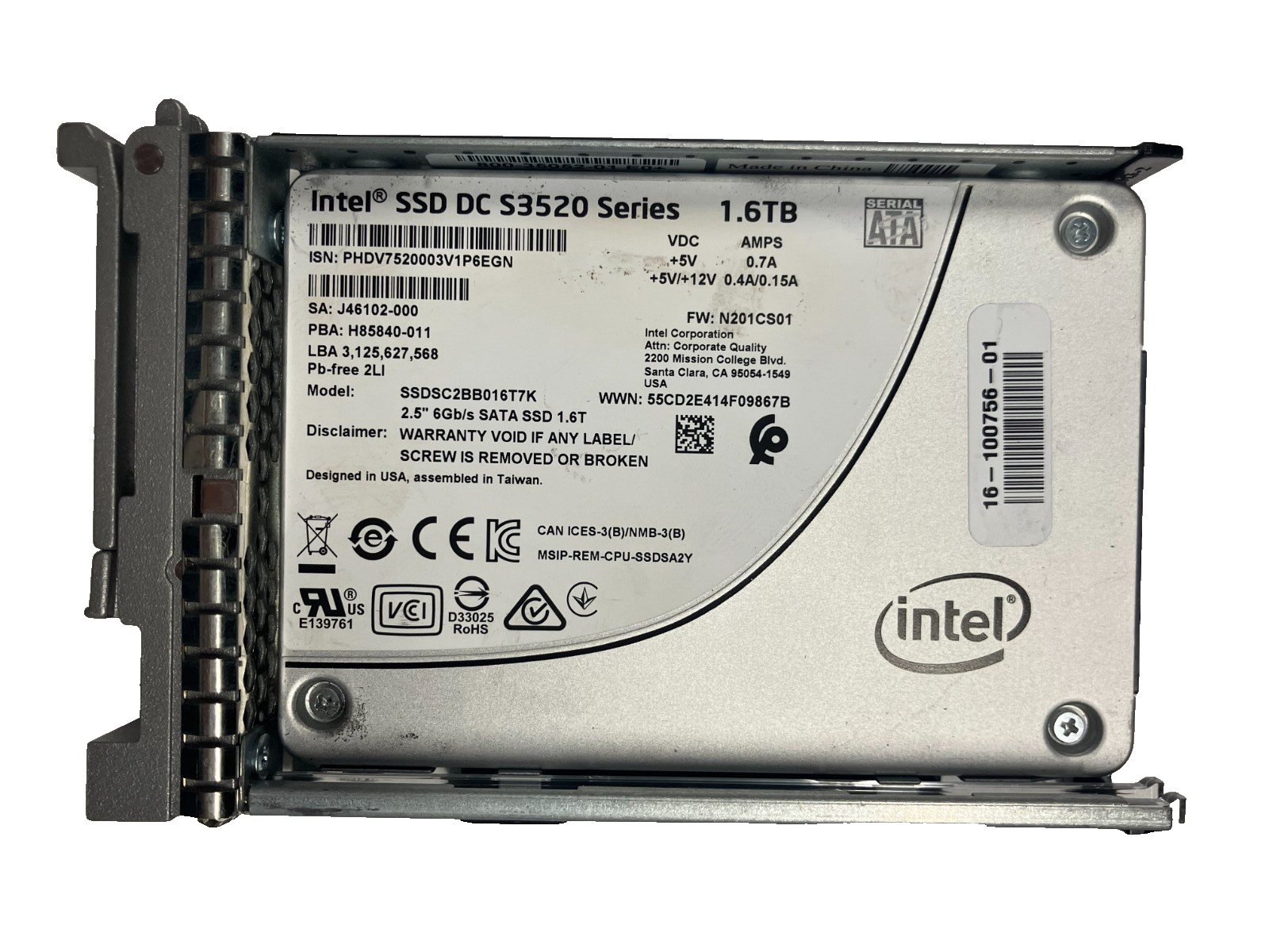 DELL DC S3520 SSDSC2BB016T7K SSD 1.6TB SATA 6Gb/s 2.5" 512 b/s 100% Health