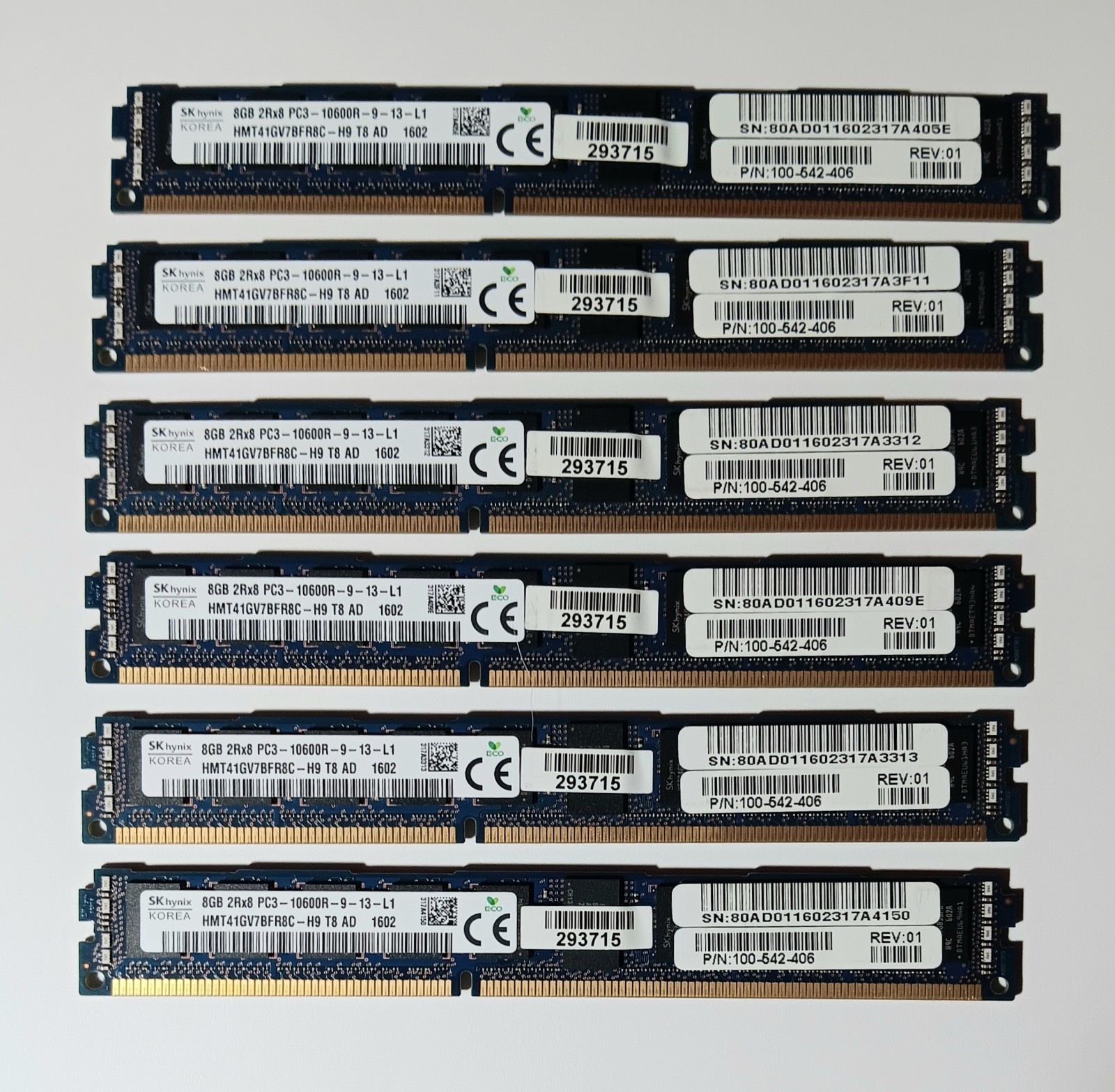 *Lot of 6* SK hynix 8GB 2R×8 PC3-10600R DDR3 1333 ECC Server RAM
