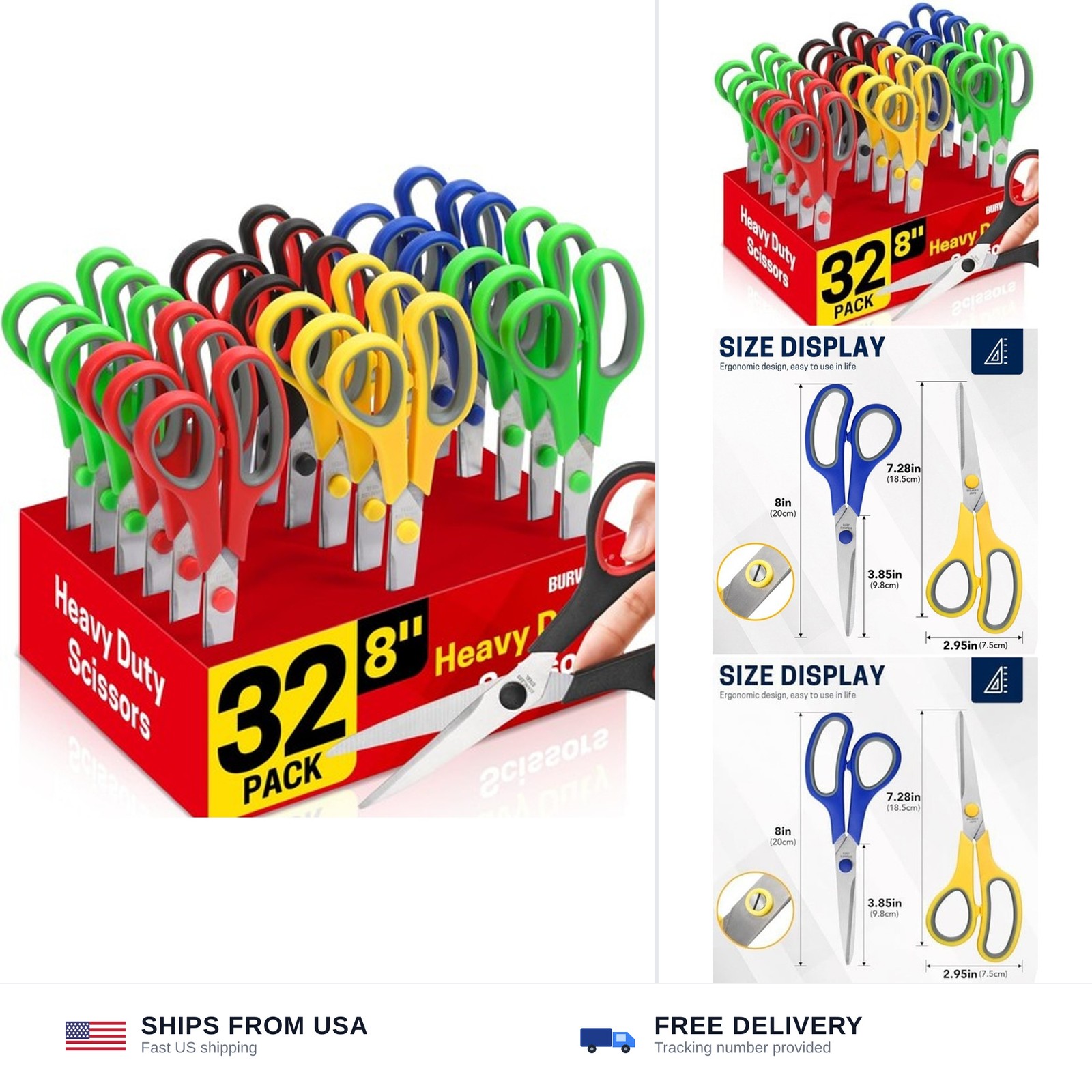 BURVAGY 32 Pack 8" Scissors All Purpose, Heavy Duty Scissors for Office