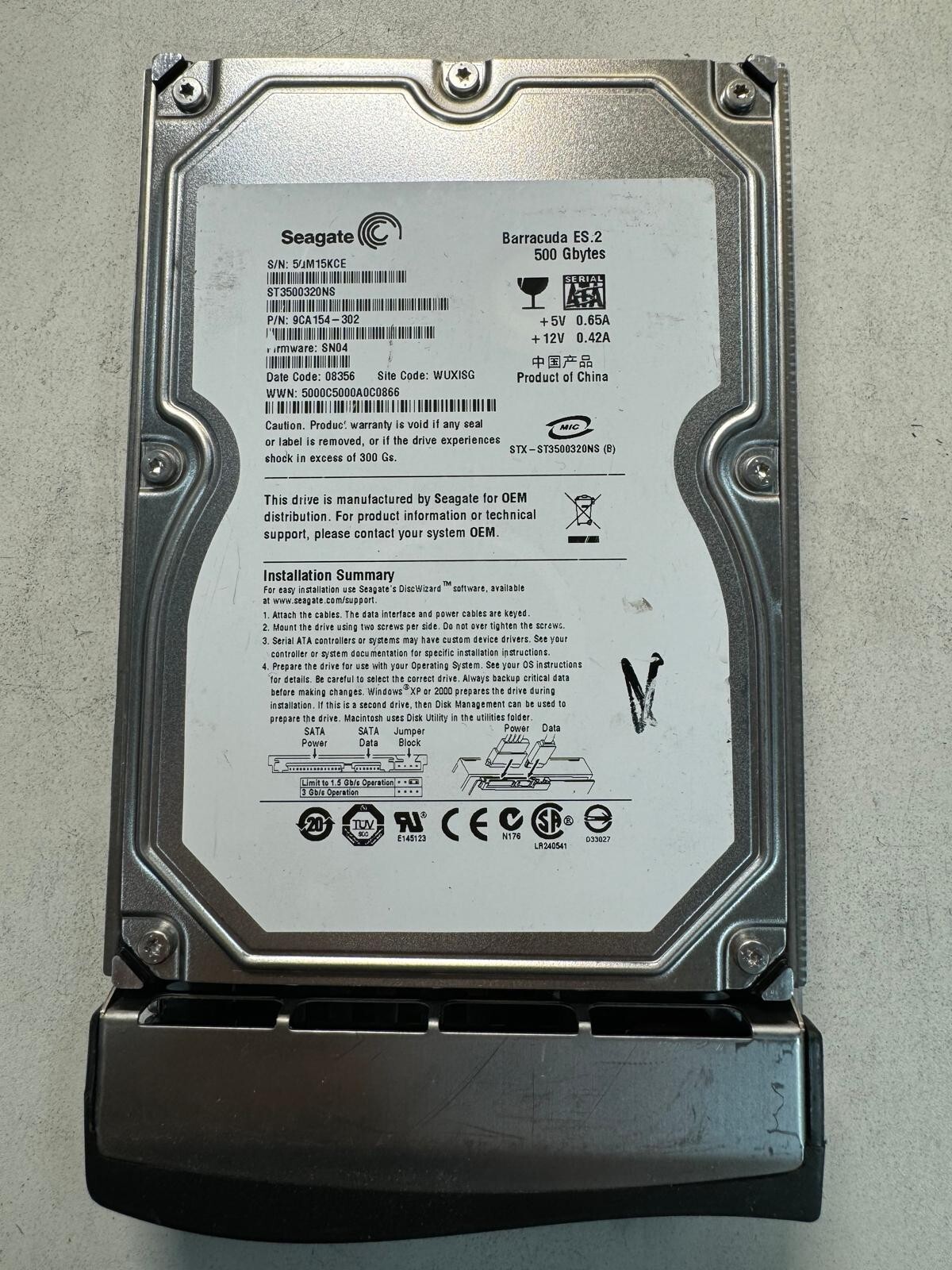 SEAGATE ST3500320NS 9CA154-302 500GB Firmware SN04 Date Code 08356 SATA 3.5"