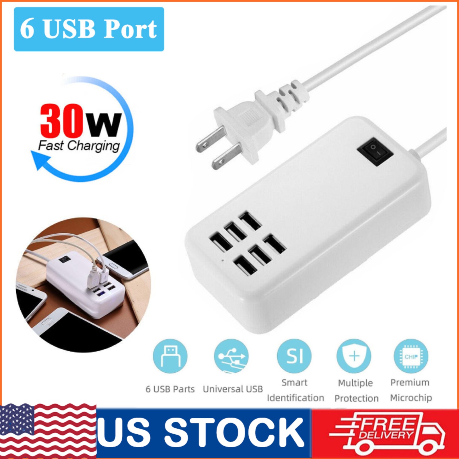 Multi 6 Port USB Hub Wall Charger Station Fast Charging Desktop AC Power Adapter