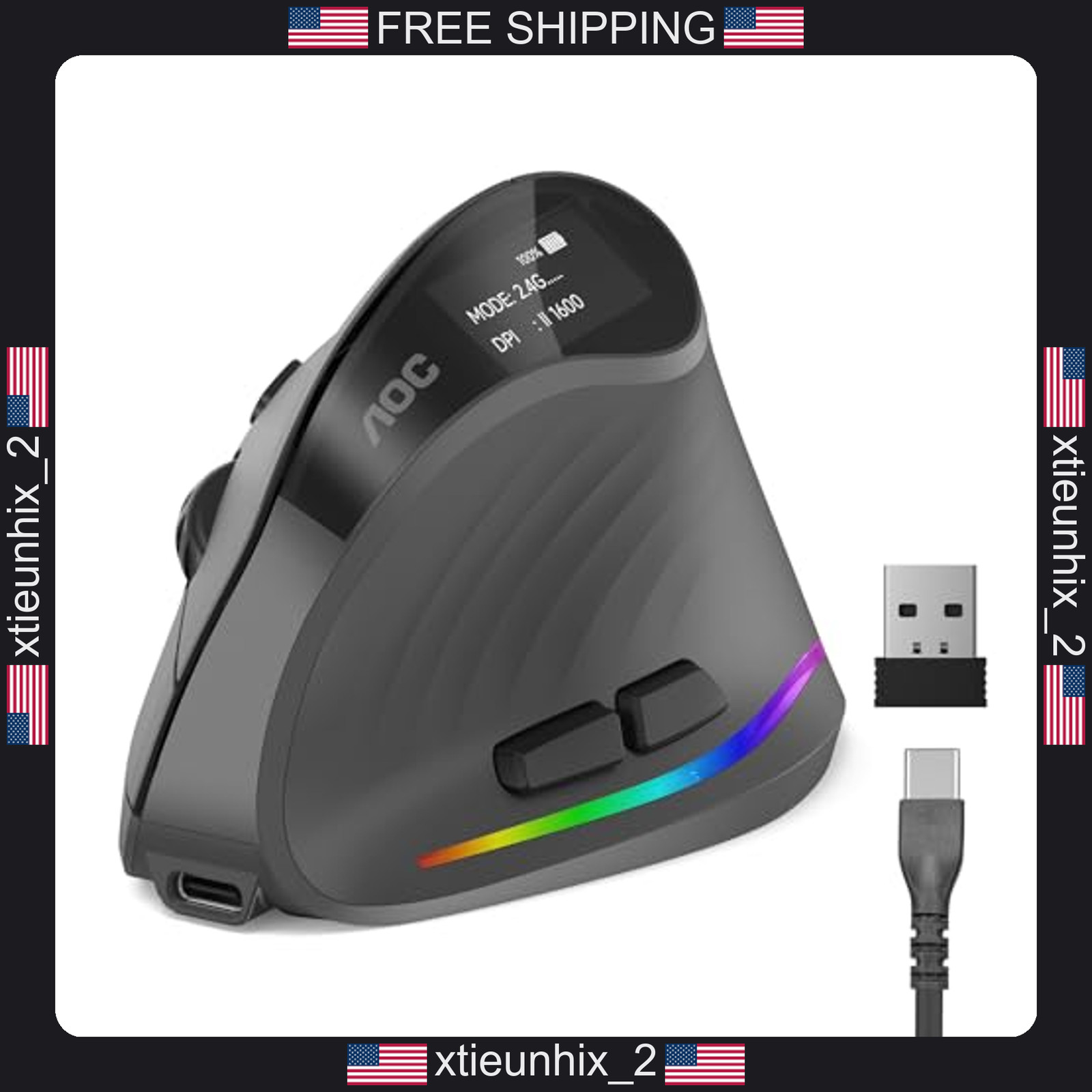 Wireless Ergonomic Vertical Mouse with 4800 DPI, Bluetooth & USB