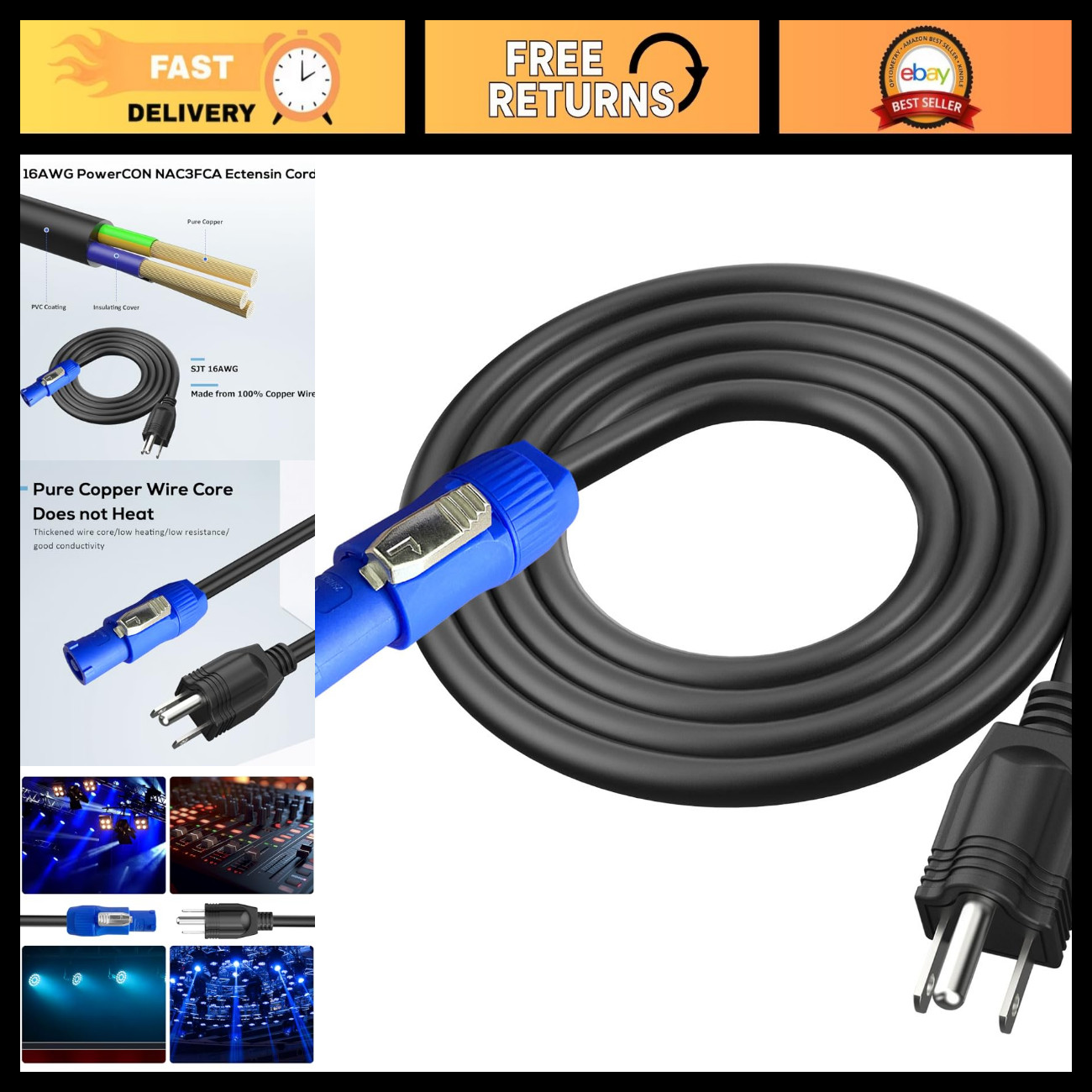 25FT 20A 3-Prong NEMA 5-15P to PowerCon AC Power Cable - Heavy Duty Extension