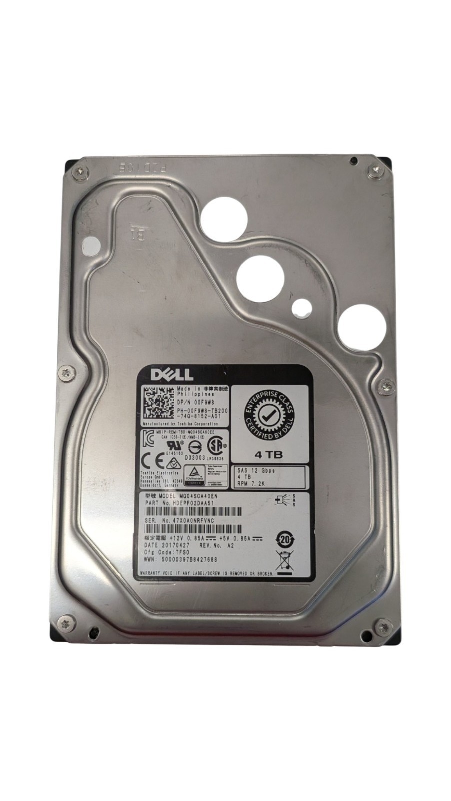 Dell 0F9W8 4TB, Internal, 7200 RPM SAS 3.5" Hard Drive - MG04SCA40EN