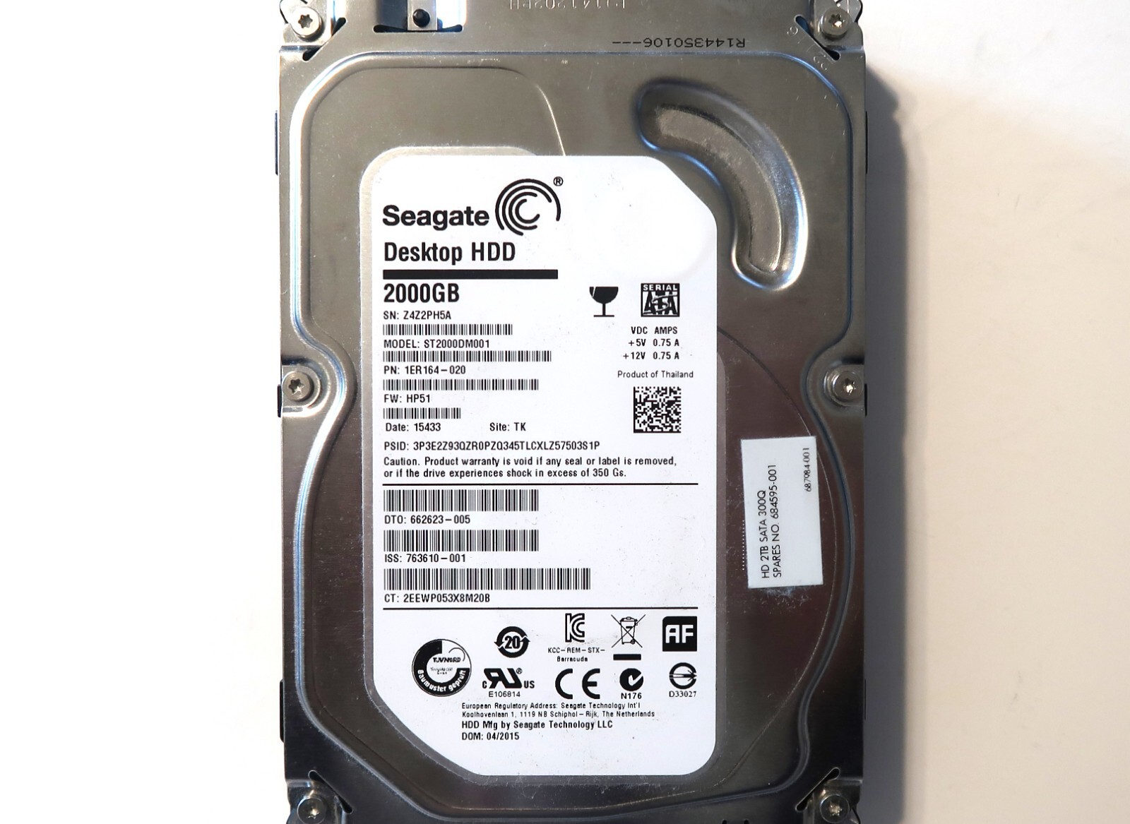 Seagate ST2000DM001 1ER164-020 HP51 TK Thailand (Z4Z2) 3.5" 2.0TB Sata 04/2015