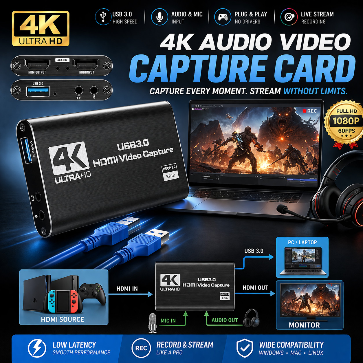 4K 1080P 60FPS HDMI to USB 3.0 Video Capture Card For PS4/PC/OBS Nintendo Switch