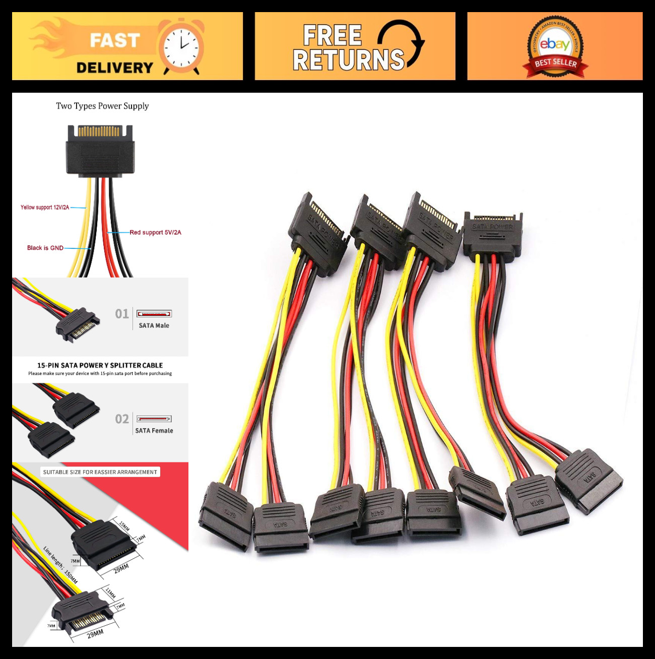 4PCS 8In SATA 15Pin Male to Dual Female Power Splitter Cables, PC Power Supply A
