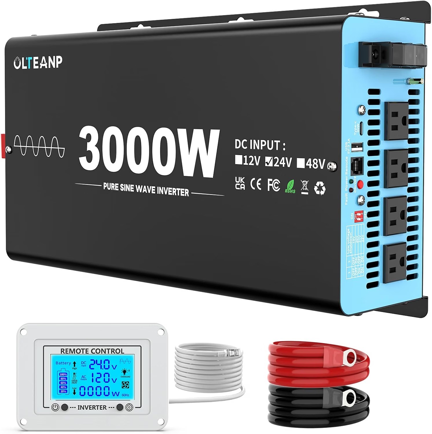 24V 3000 Watts Pure Sine Wave Inverter 24V DC to 110V AC, 6000W Peak Power, 4...