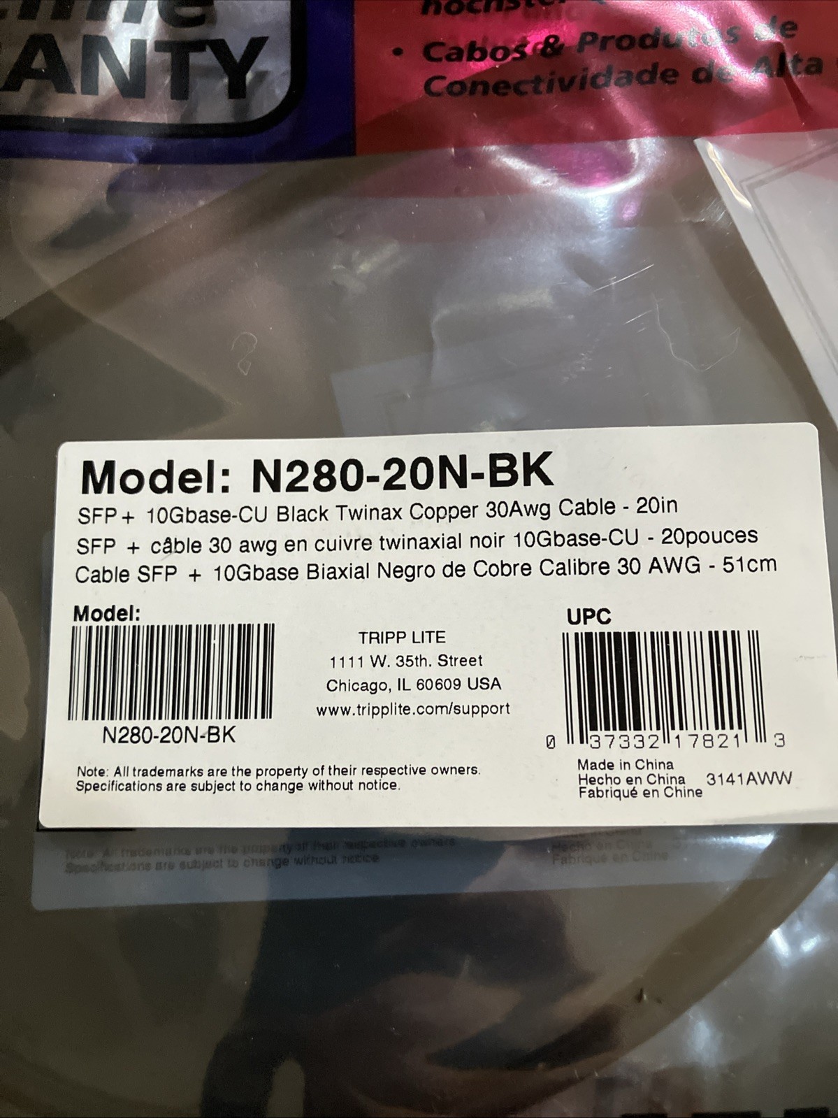 Eaton N280-20N-BK EATON TRIPP LITE SERIES SFP+ 10GBASE-CU PASSIVE TWINAX COPPER 