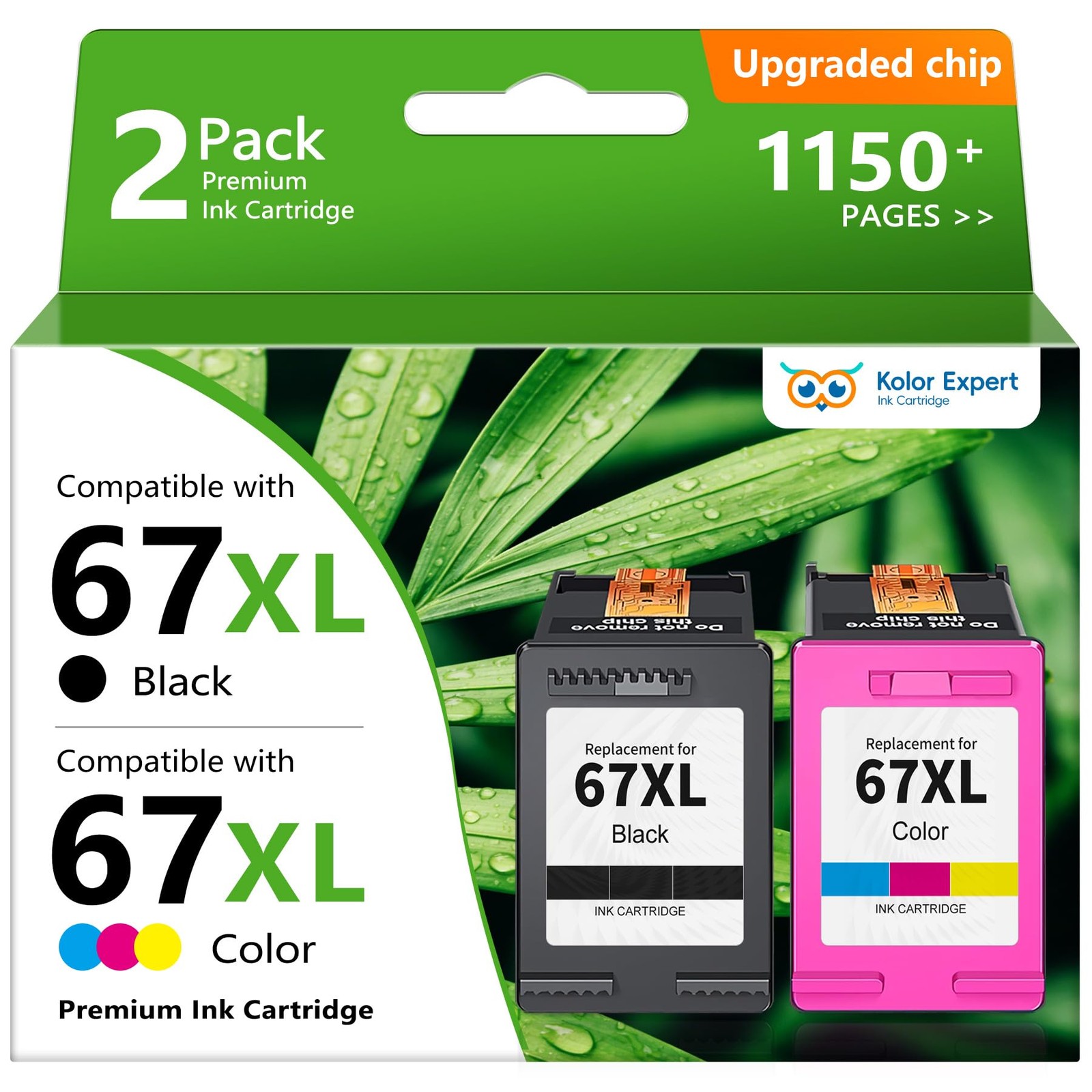 Kolor Expert 67XL Combo Pack for HP DeskJet 2755e 2827e 2742e (1 Black, 1 Color)