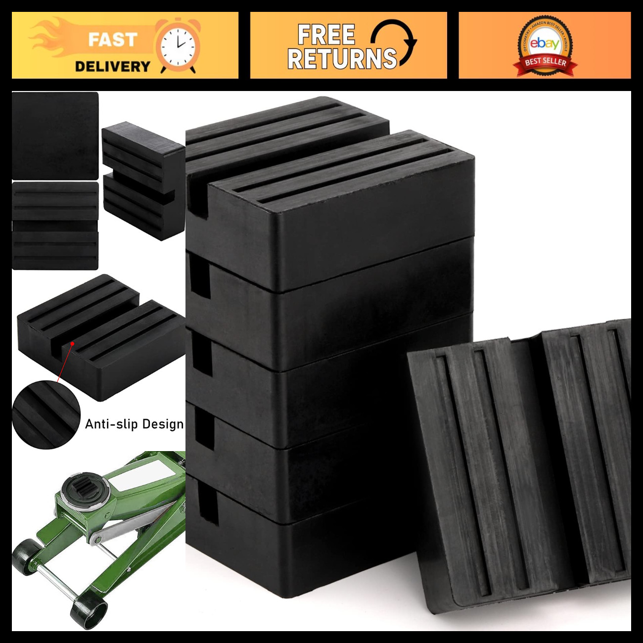 Universal Floor Jack Rubber Pad - 6 Pack Anti-Slip Frame Adapter for Car Lift, 3