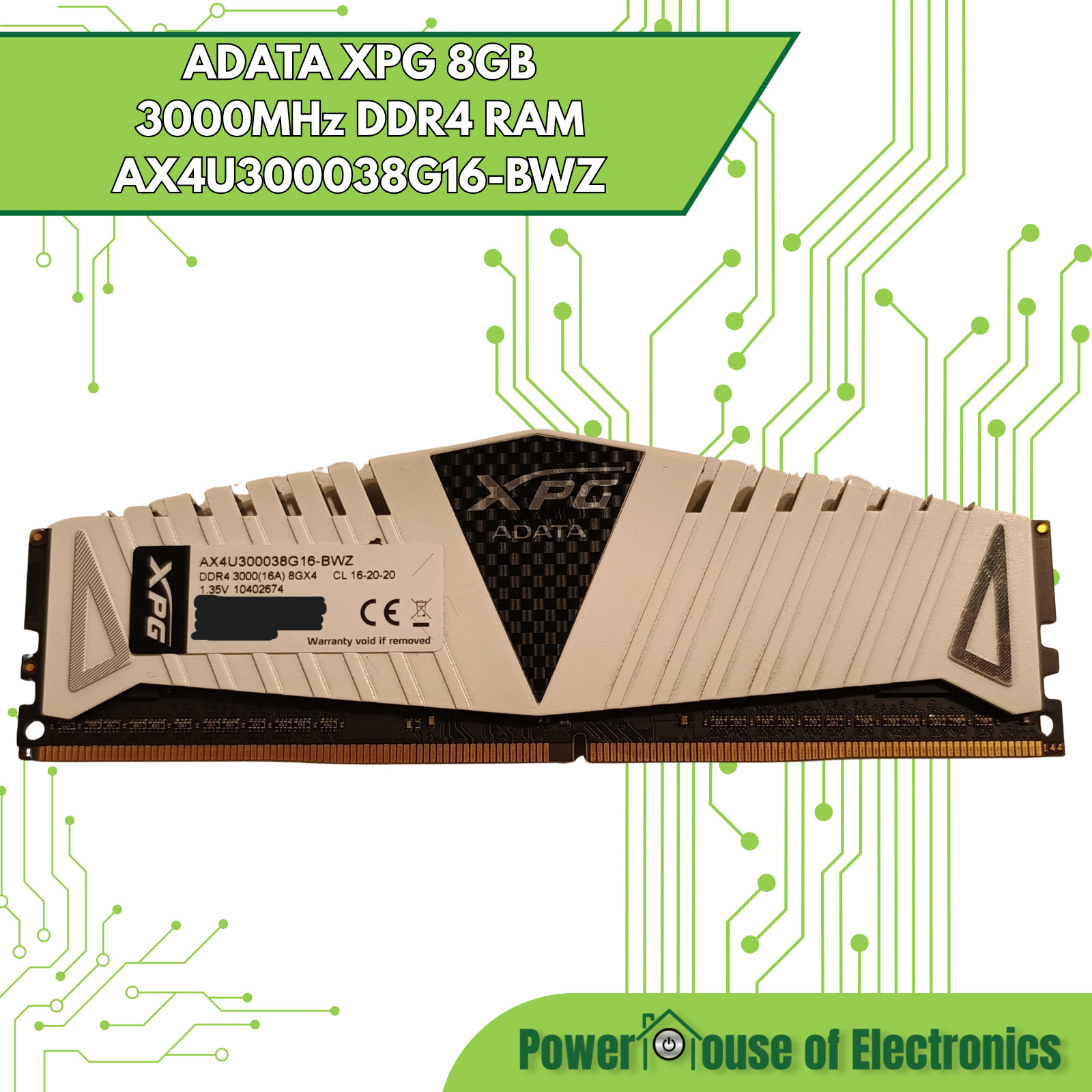 Adata XPG 8GB DDR4 3000MHz RAM (White) | AX4U300038G16-BWZ | 10402674