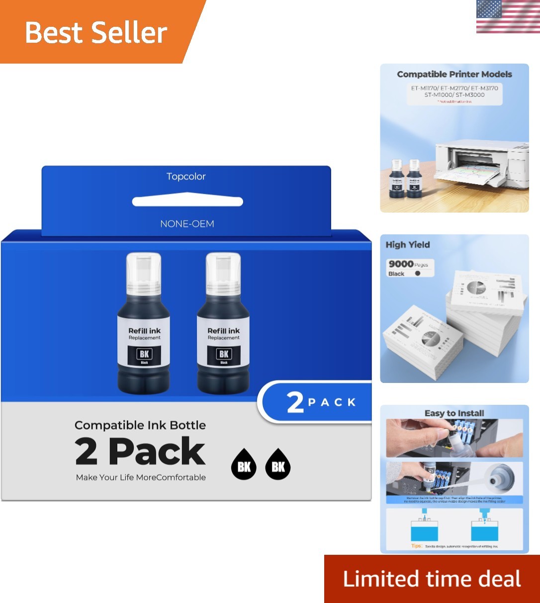 Effortless Printing with 2 Pack Black Ink Refill for ET-M Series - 9000 Pages