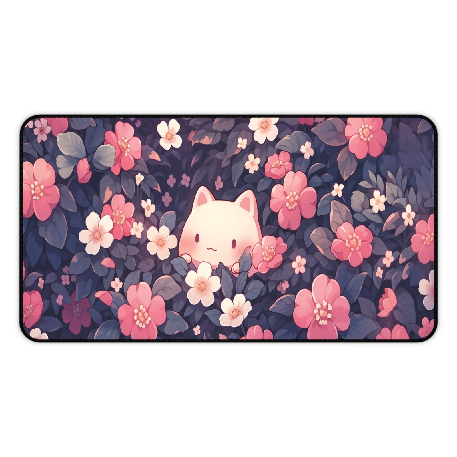 Kawaii Camellia Cat Desk Mat, Large Mouse Pad Pink Floral Non-Slip Gaming Mat