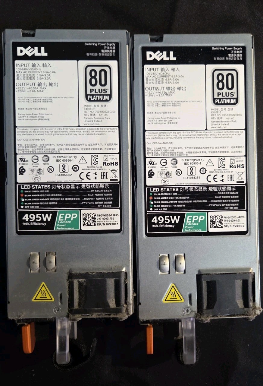 Lot of 2 495W PSU DELL 0VKDD2  80 Plus Platinum EPP Power Supplies TESTED
