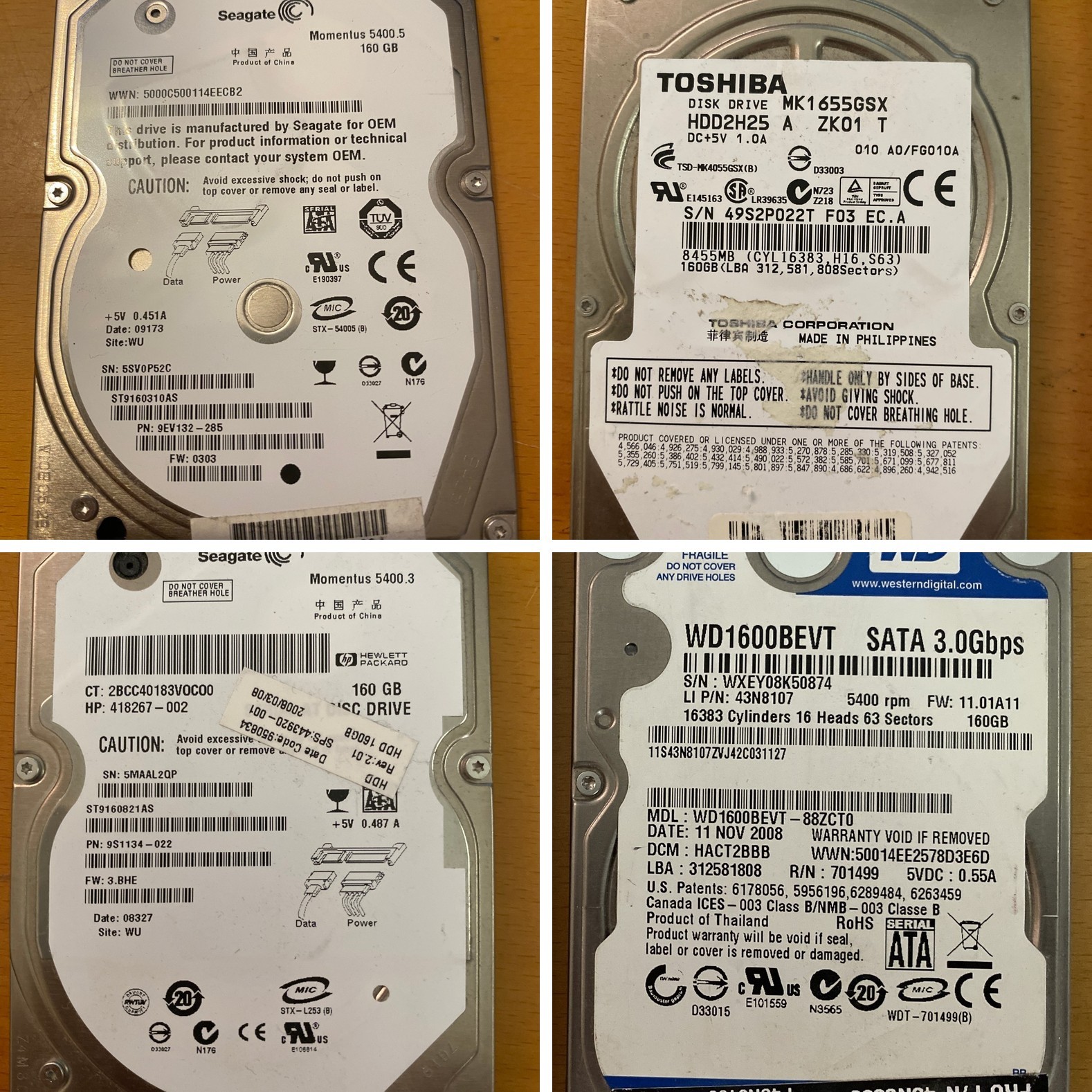 Lot of 4 x 160GB 2.5" SATA Laptop HDD WD Seagate Toshiba - All Tested Healthy