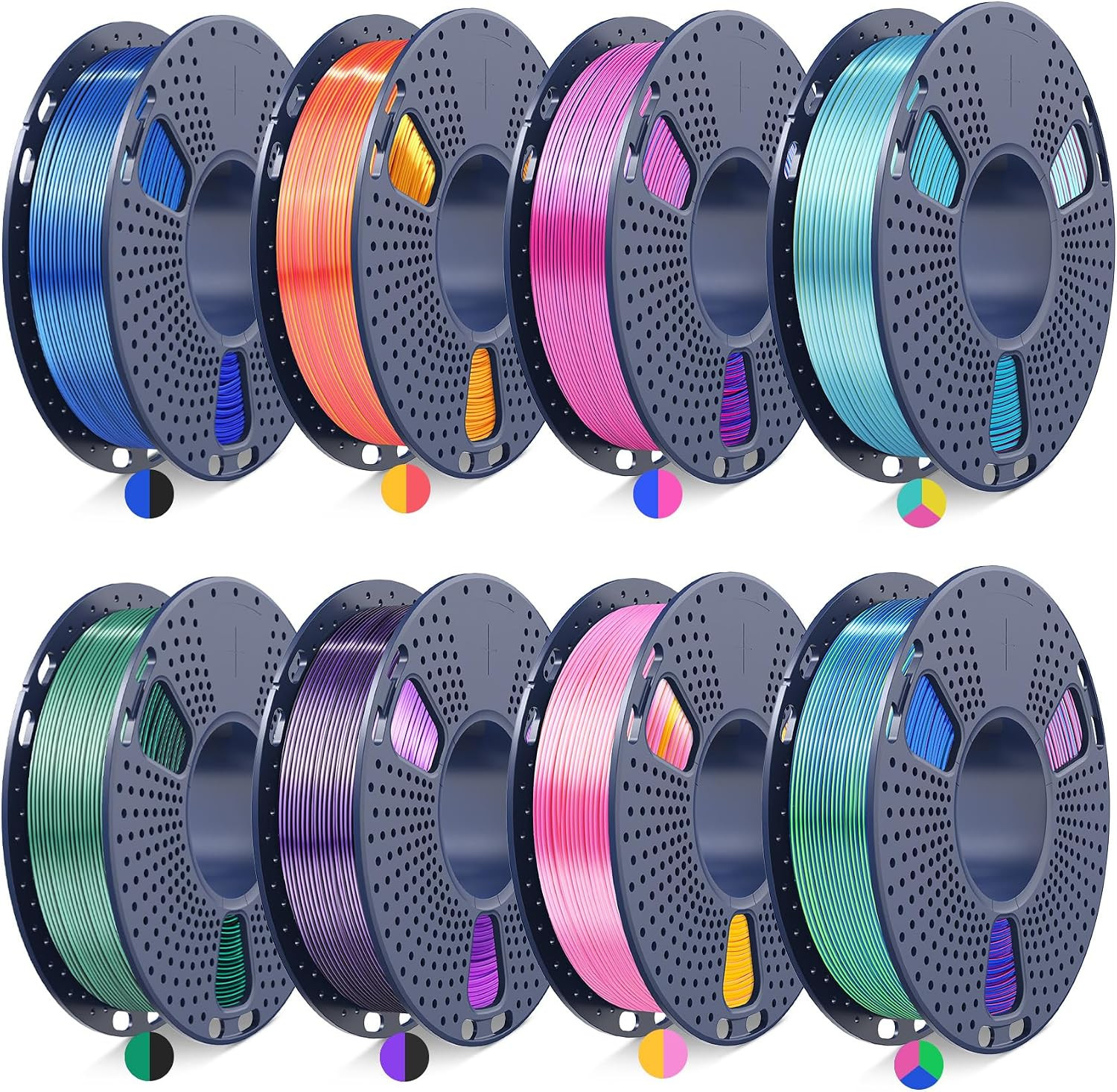 Silk PLA Dual & Tri Color 3D Printer Filament Bundle, 250G, 8-Pack