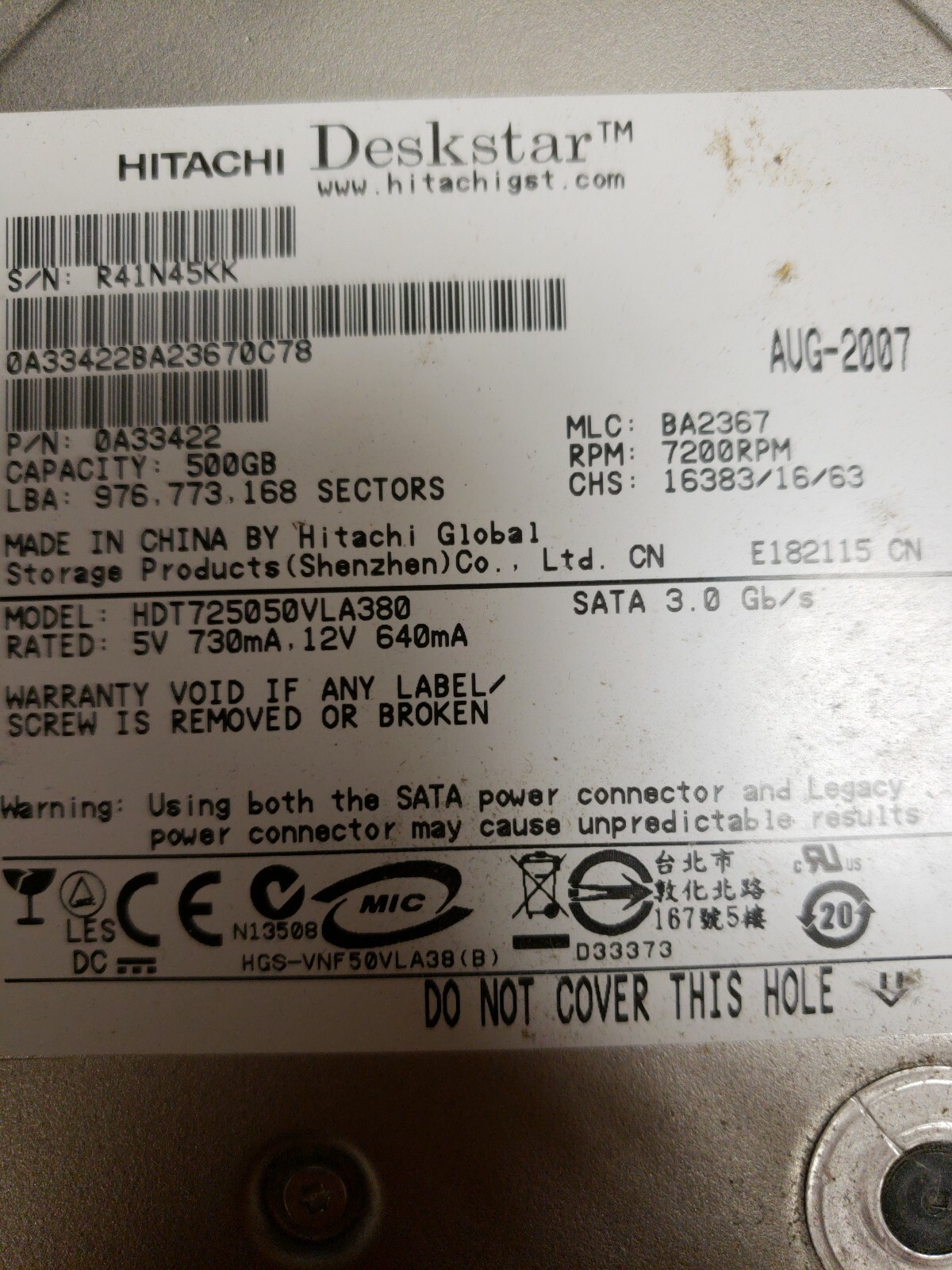 Hitachi Deskstar HDS721050CLA362 500GB SATA 7200RPM 3.5" 0F10381 TESTED