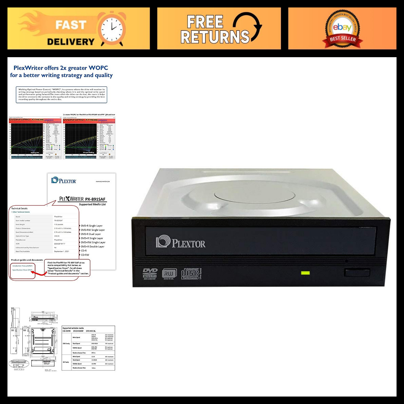 24X SATA DVD/RW Dual Layer Burner Drive - High-Speed CD/DVD Writer - Black
