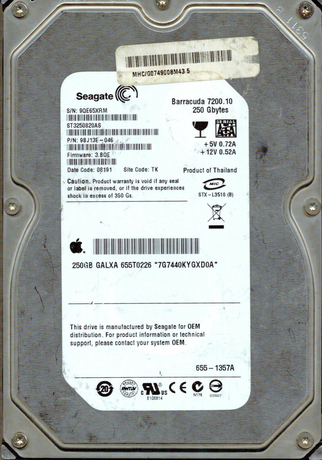 ST3250820AS,  9BJ13E-046,  3.BQE, TK,  9QE6,  SEAGATE SATA 250GB  08191
