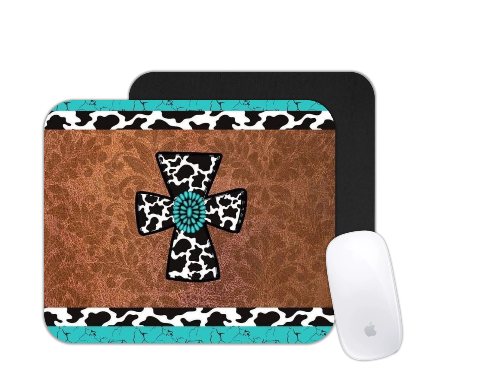 Turquoise Cross Mouse Pad | Western Cow Print Desk Mat | Country Farmhouse Style