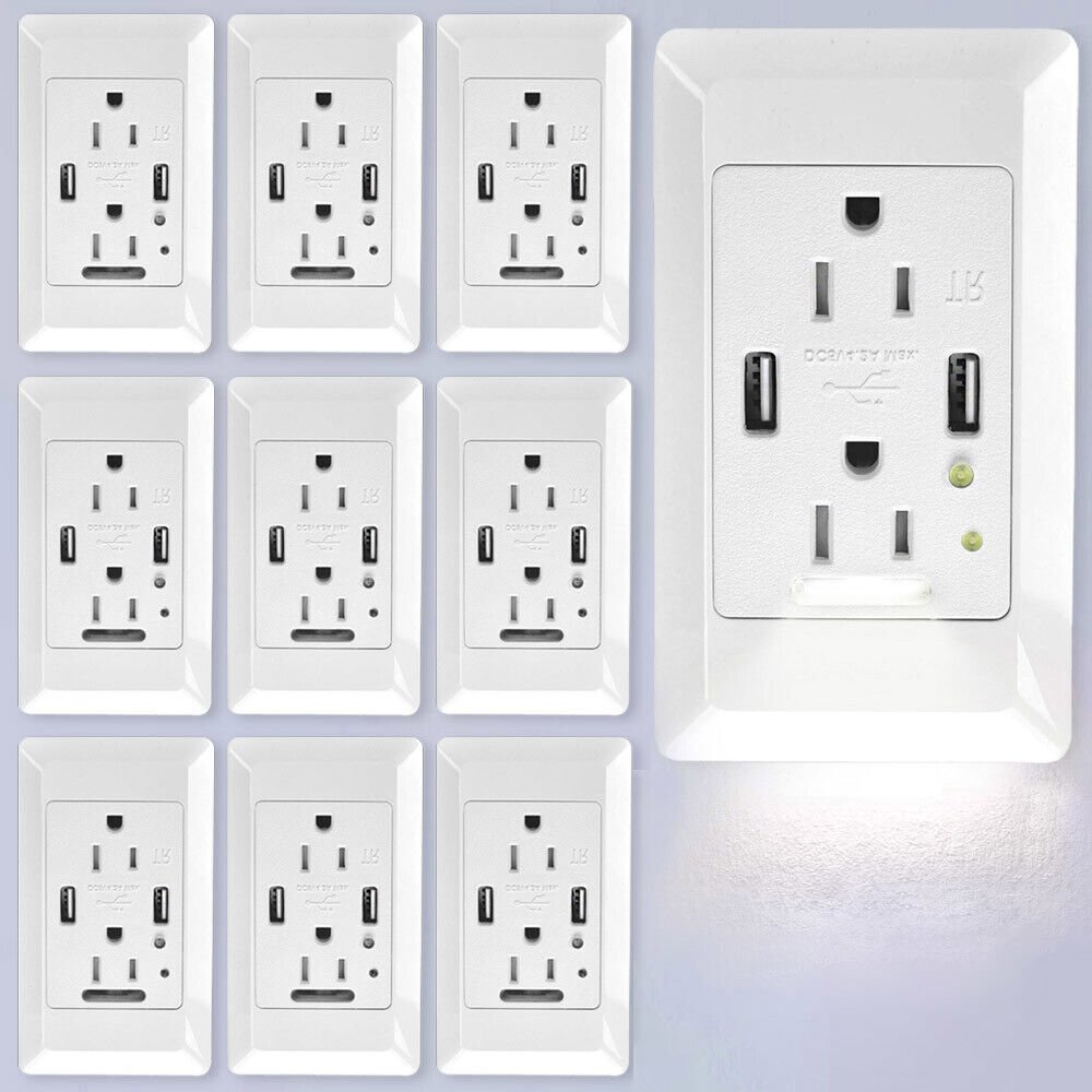 4.2A USB Charger Wall Outlet Receptacle Night Lights Automatic On/Off Sensor ×10