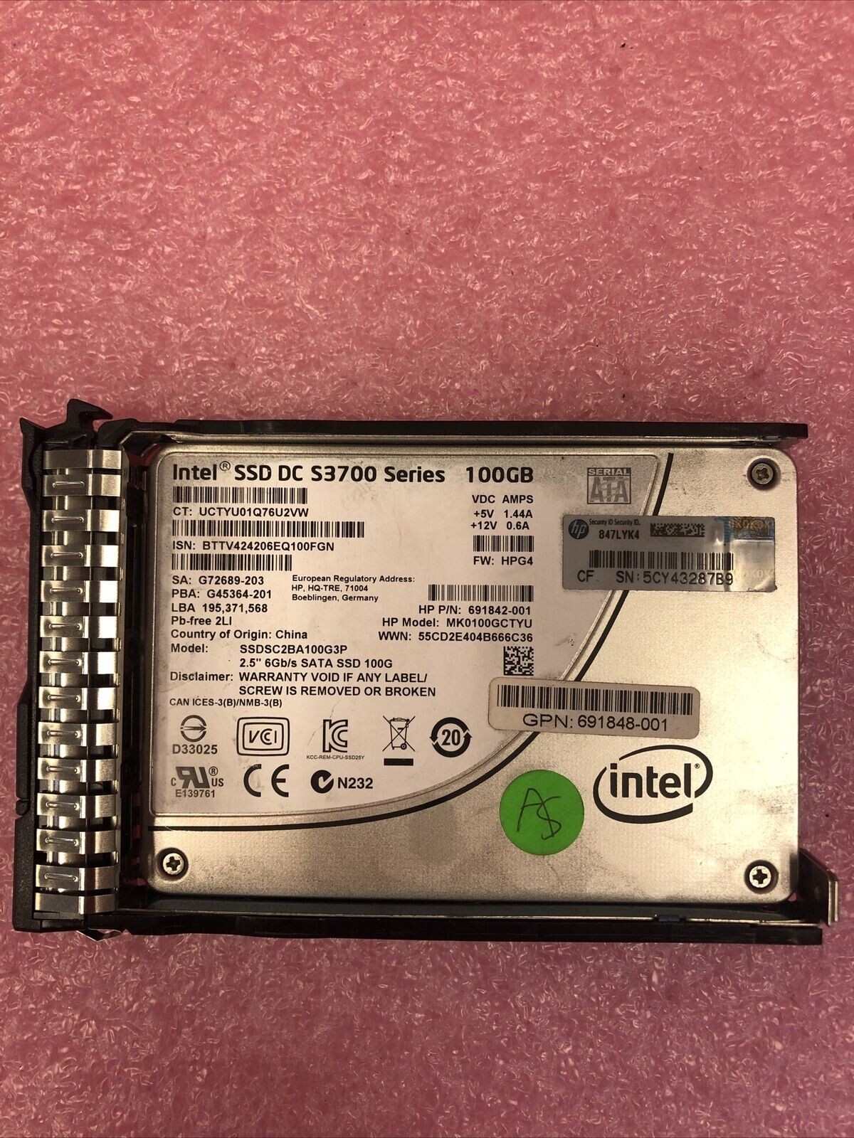 692164-001 HP Intel SSD DC S3700 Series 100 GB 2.5 Inch