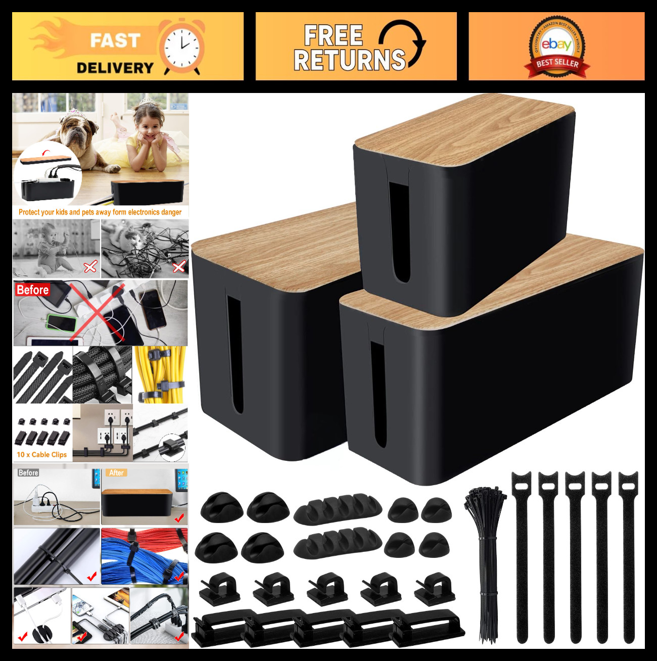 128PCS Cable Management Kit - 3 Pack Wire Organizer, Cord Hider Box for Home & O
