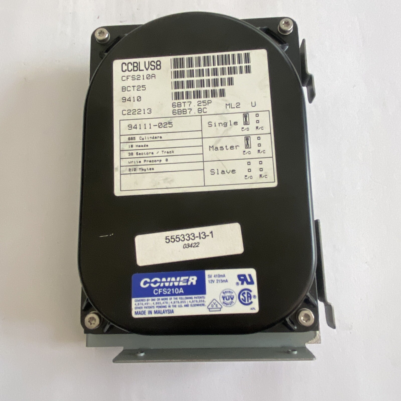 Conner CFS210A IDE Hard Drive & UN1082 Controller Card Untested 