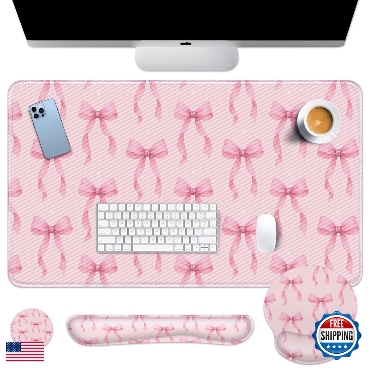 Arttown Keyboard Mouse Pad Set 4 in 1 Desk Mat Kawaii Pink