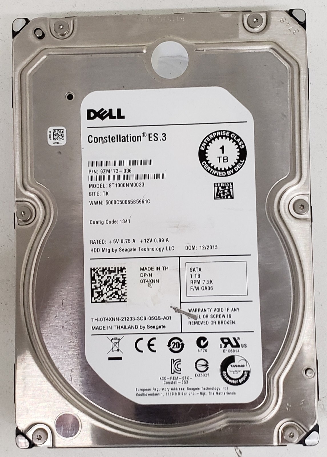 Dell Constellation ES.3 1TB 3.5" SATA 7200RPM HDD ST1000NM0033 P/N: 9ZM173-036.