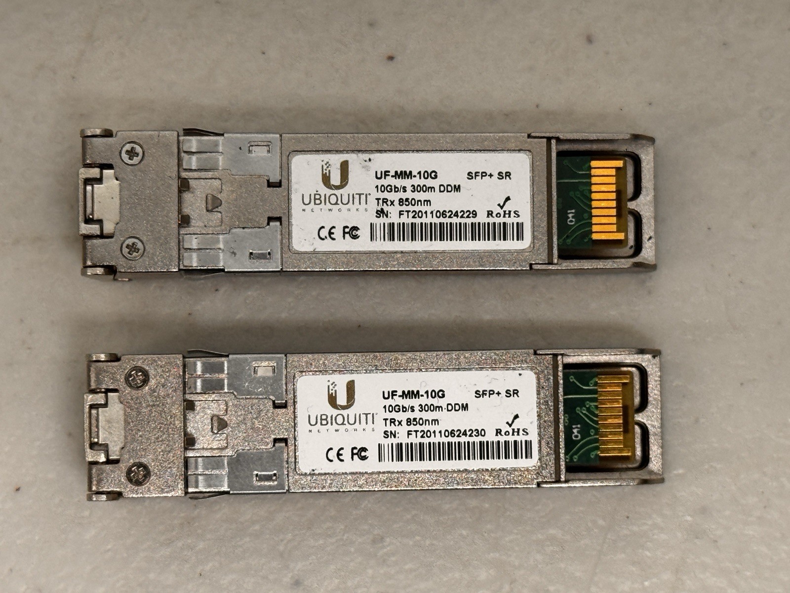 Lot of (2) Ubiquiti 10Gb/s 300m 850nm Multimode SFP Transceiver UF-MM-10G