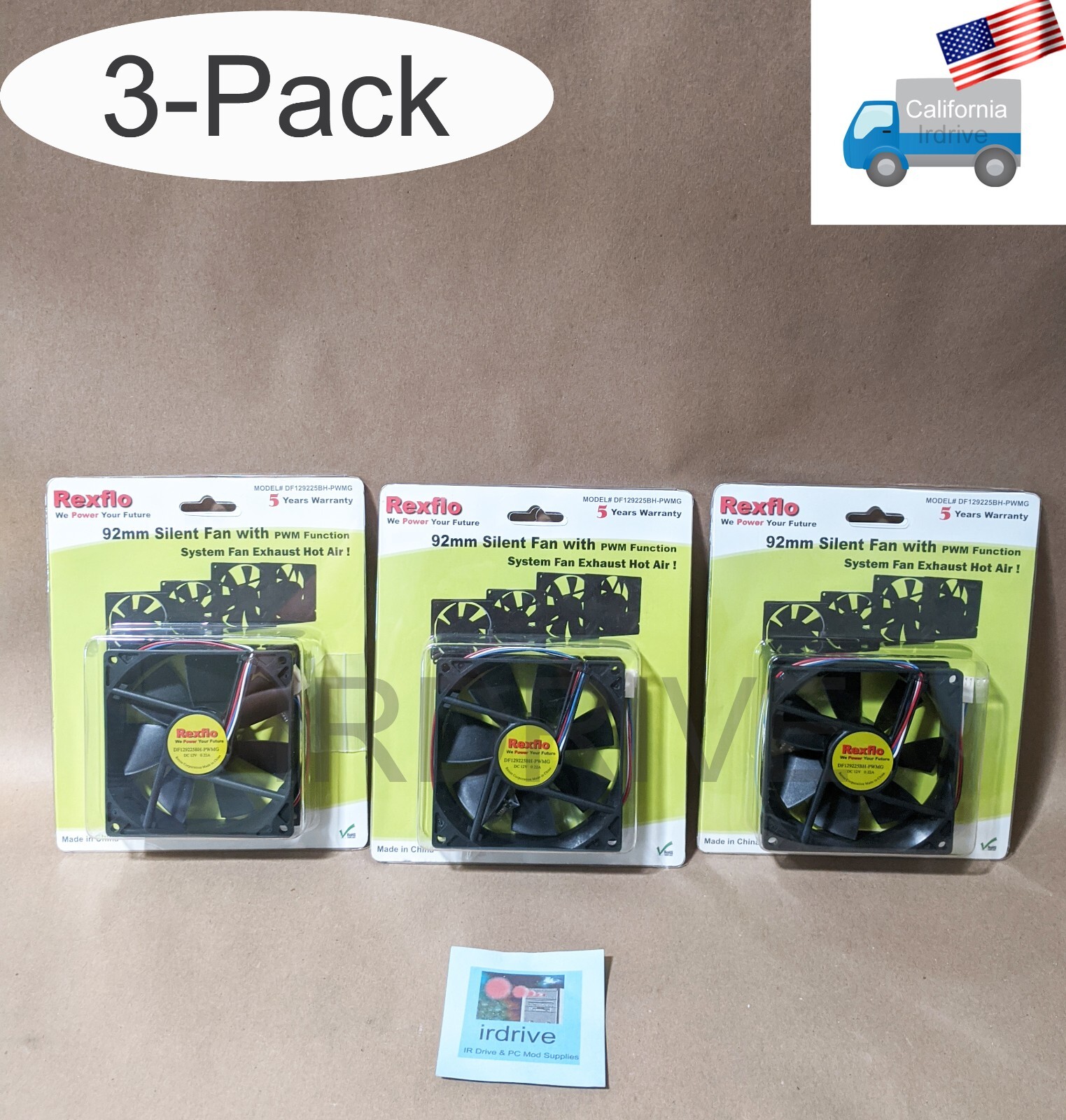 3-Pack Quiet Dual Ball Bearing 92mm x 25mm 3/4-Pin 12V 0.22A PC Case Cooling Fan