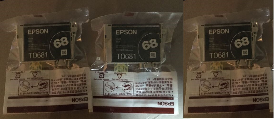 3 New Sealed Epson 68 Black Inkjet Cartridges TRIPLE SEALED BAGS T0681