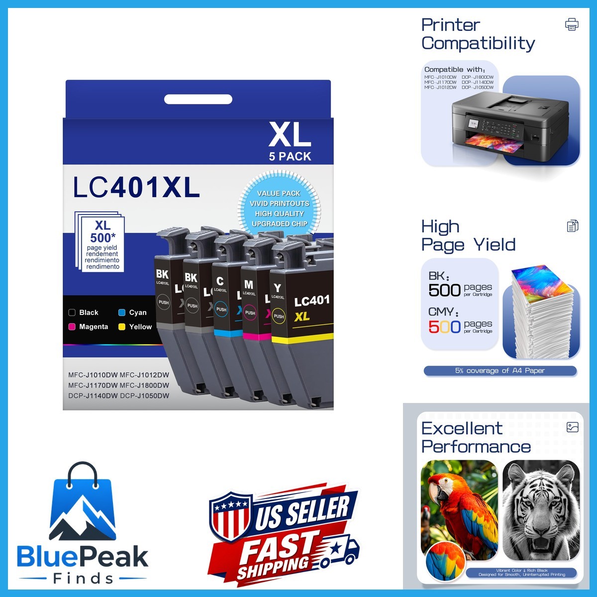 CocoKitch LC401XL LC401 5-Packs High Yield J1010DW Ink Cartridges