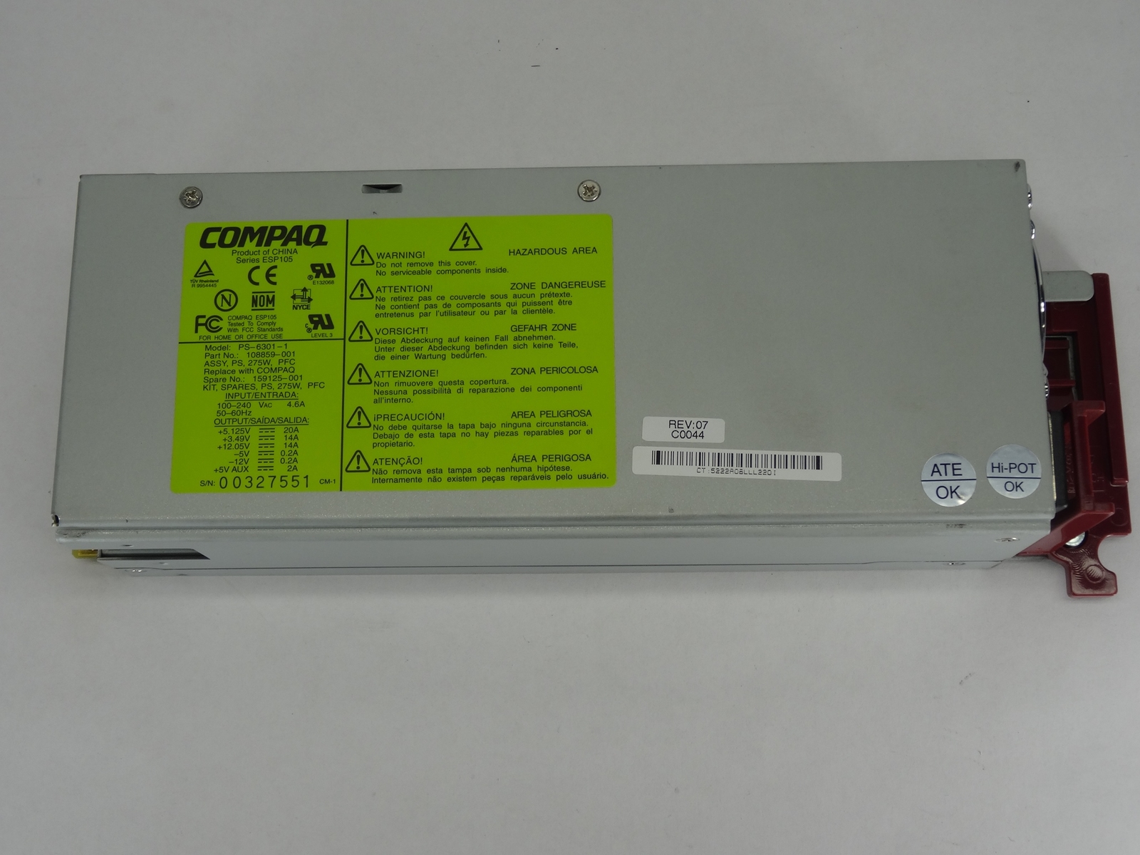 HP 159125-001 COMPAQ PROLIANT DL380 G1 275W POWER SUPPLY