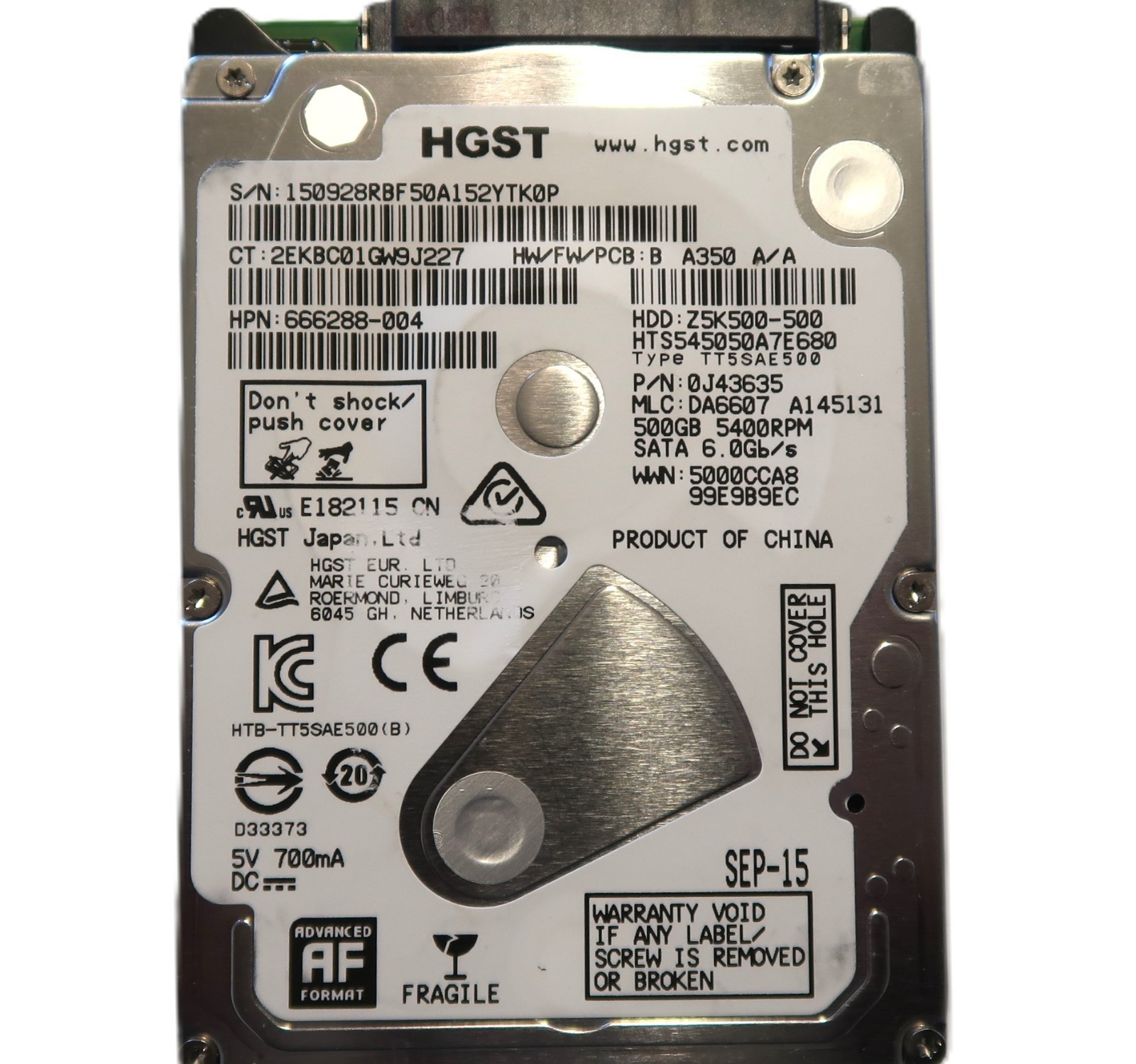 Hitachi HTS545050A7E680 0J43635 DA6607 500gb (1509) 2.5" Sata HDD China SEP/15