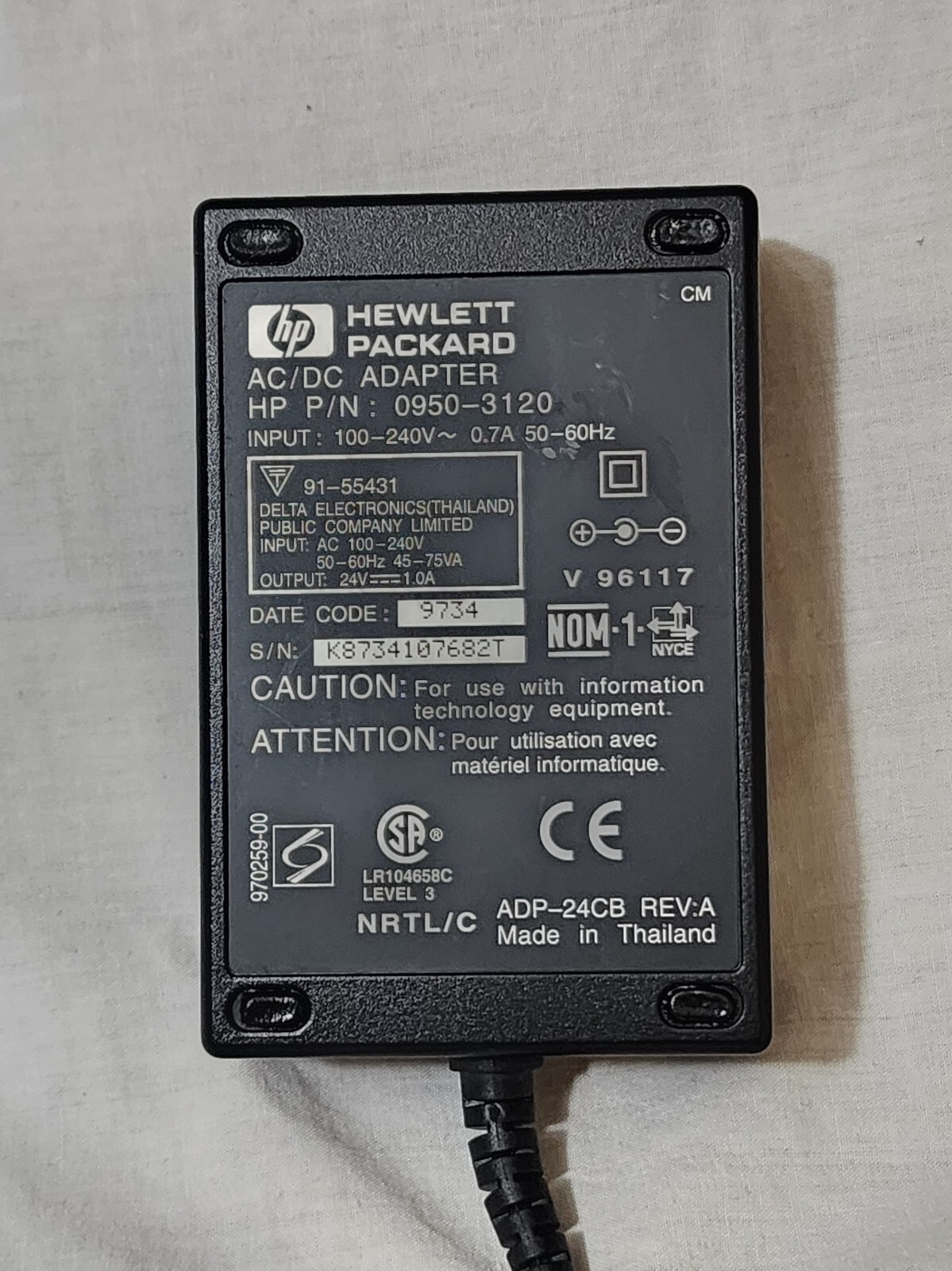 HP Hewlett Packard AC/DC Adapter P/N 0950-3120 50-60Hz 24V S/N K8734107682T