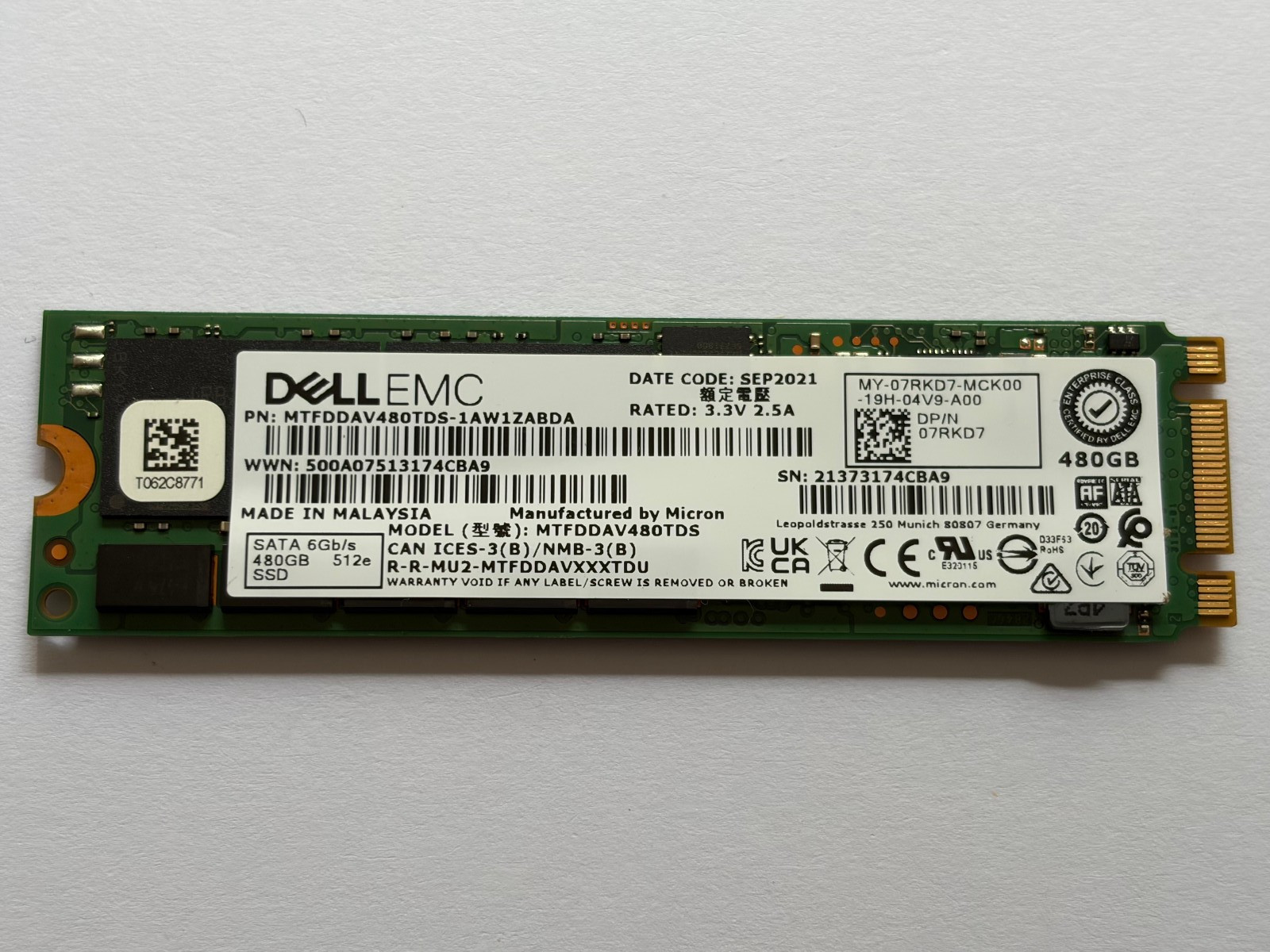Dell EMC 07RKD7 480GB BOSS Card SATA SSD M.2 2280 6Gb/s MTFDDAV480TDS Health 70%