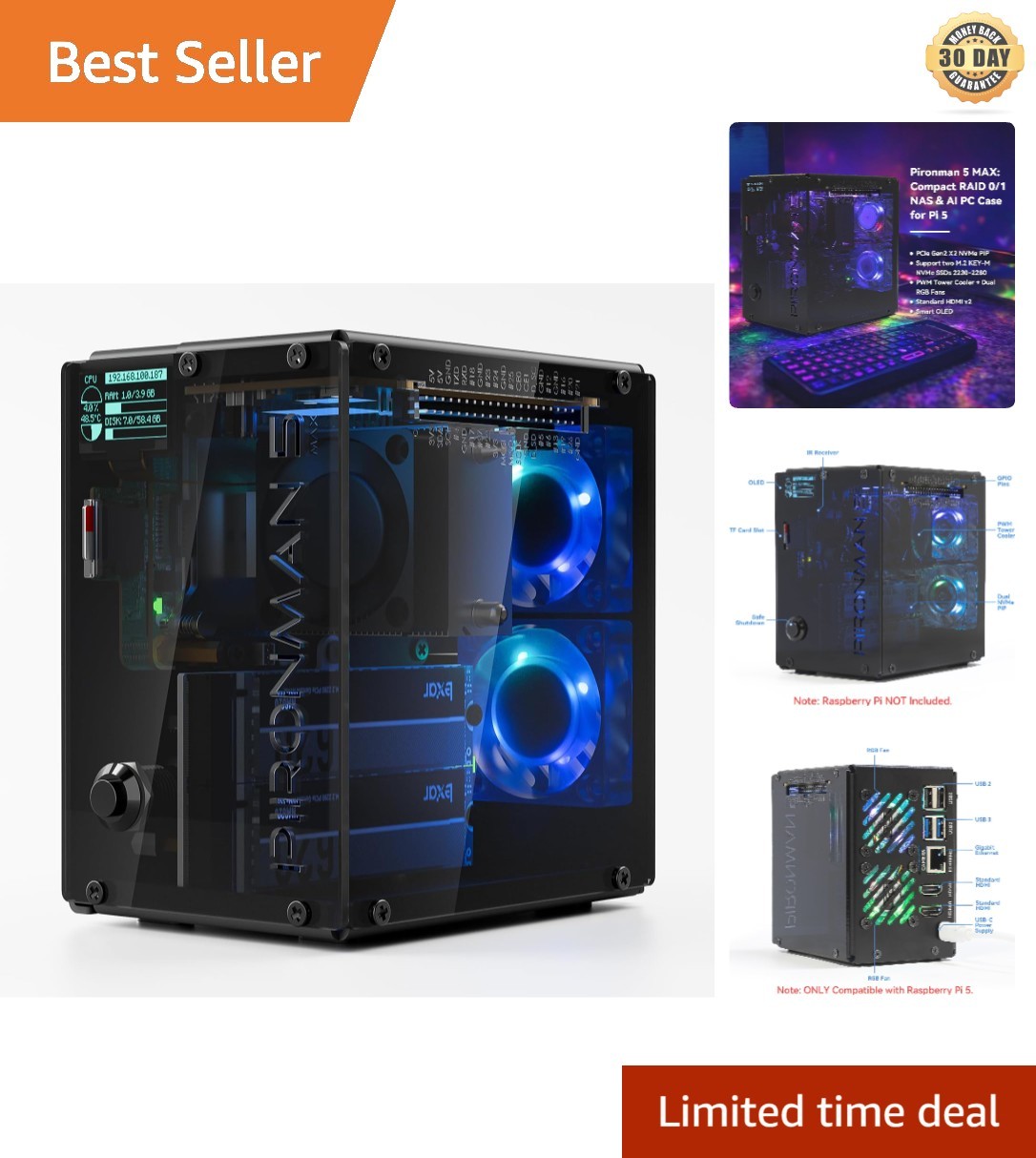 Pironman 5-MAX Mini PC NAS Case with Dual NVMe Support, RGB Fans & OLED Display