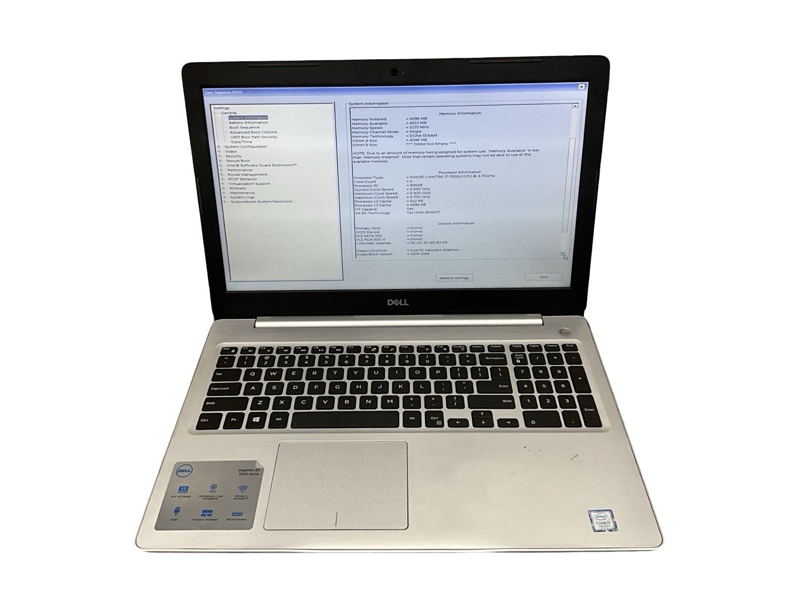 Dell Inspiron 5570 15.6”i7-7500U@2.7GHZ  4GB RAM NO SSD NO OS SEE DETAILS