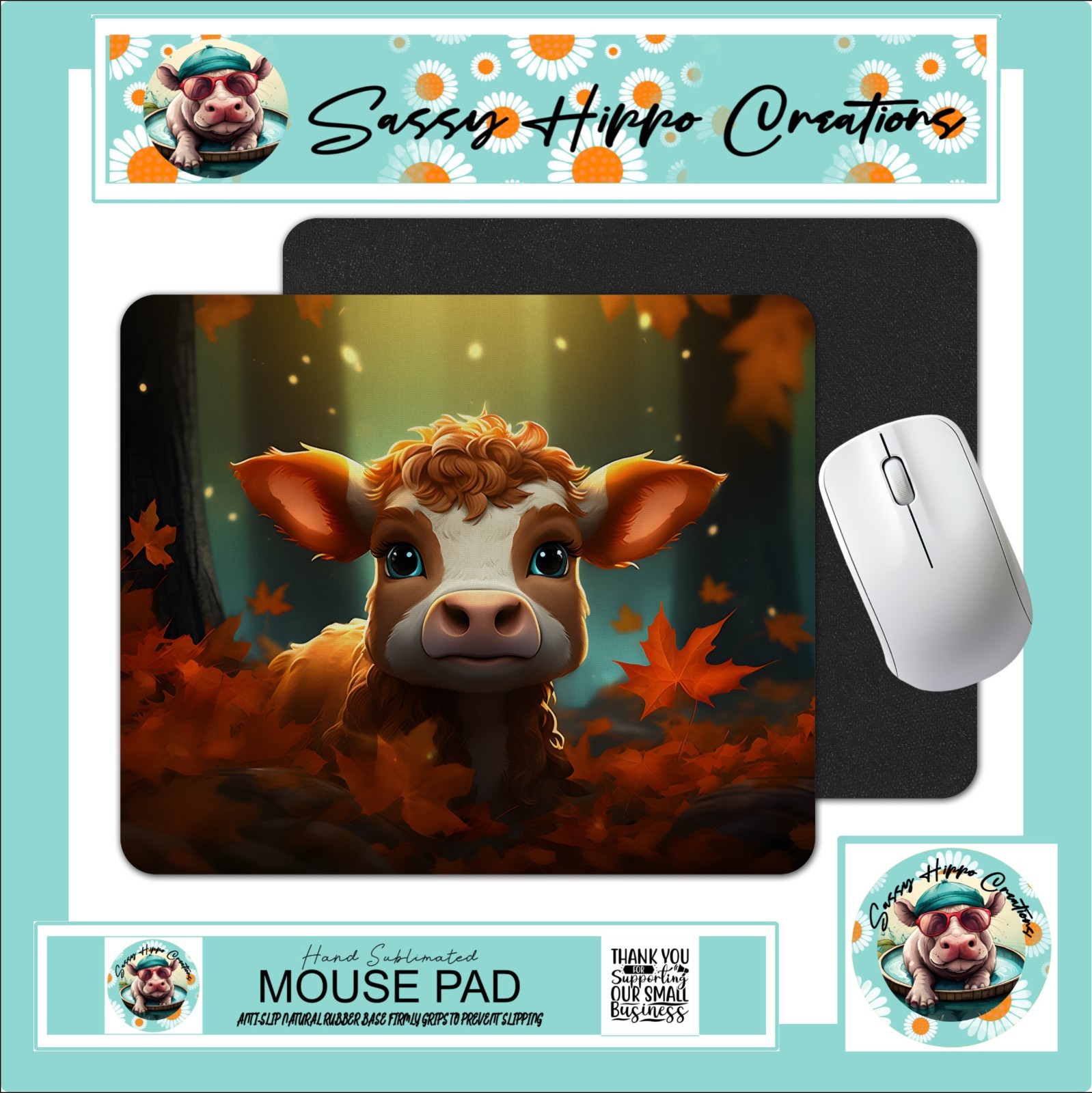Mouse Pad Highland Calf Autumn Leaves Fall Season Anti Slip Back Easy Clean