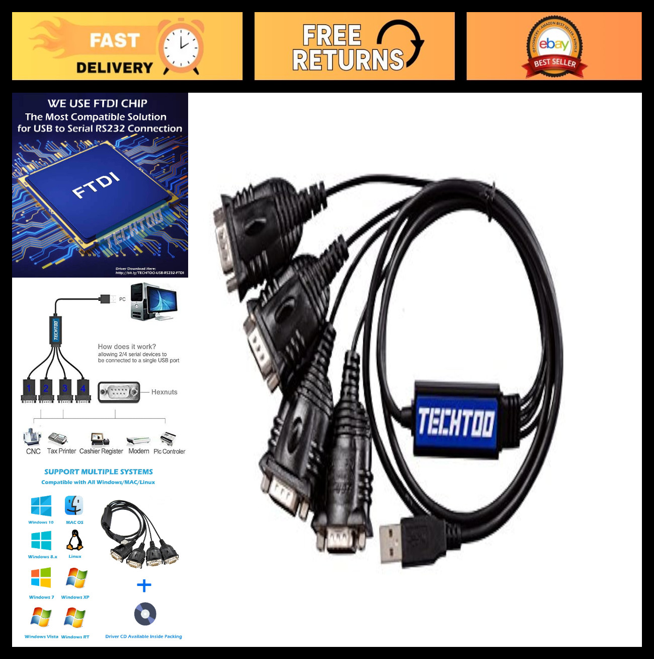 4-Port USB to RS232 Serial Adapter Converter, 9-Pin Male to Male, Hexnuts Includ