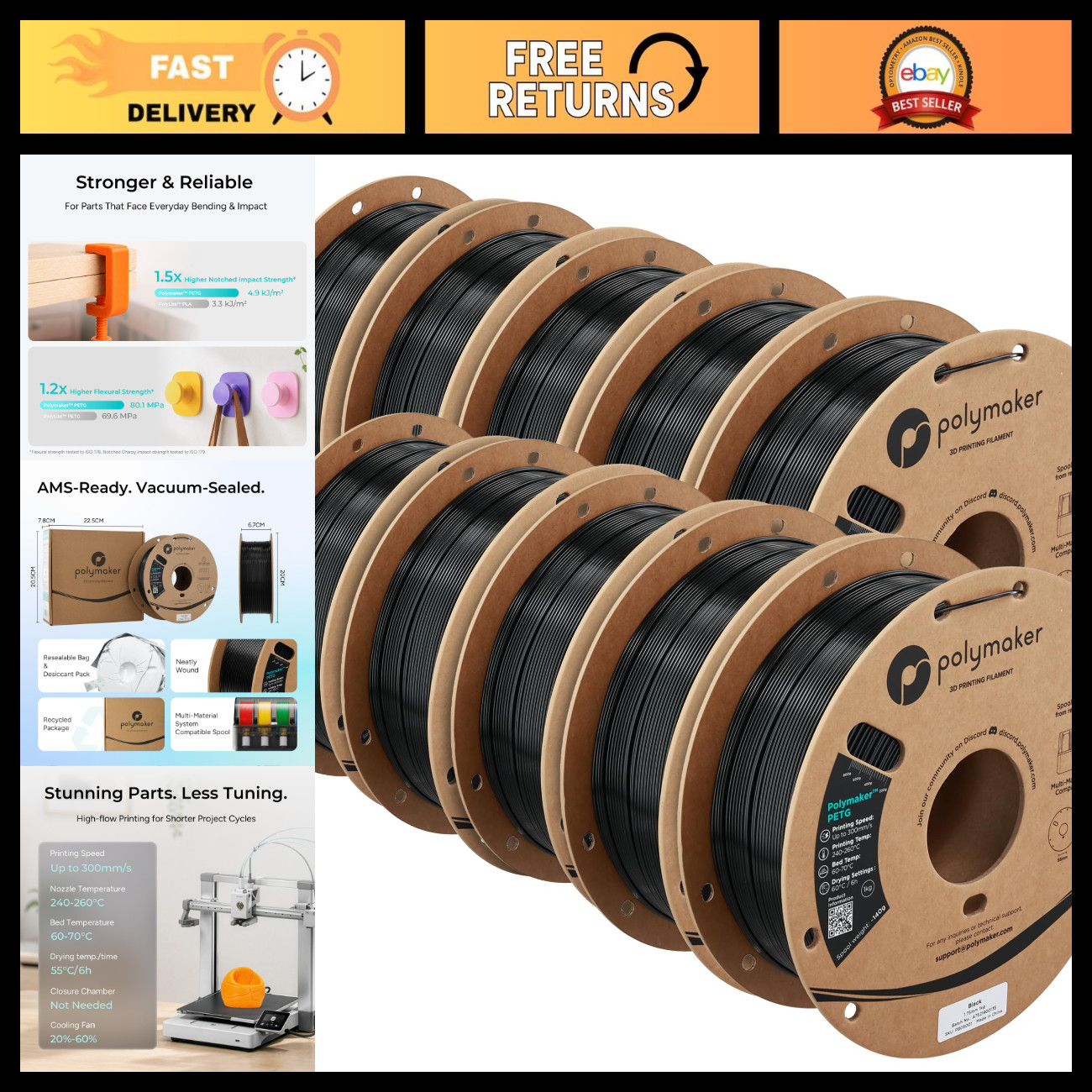 High-Quality PETG Filament 1.75mm 10KG Bundle - Durable, Black 3D Printing Mater