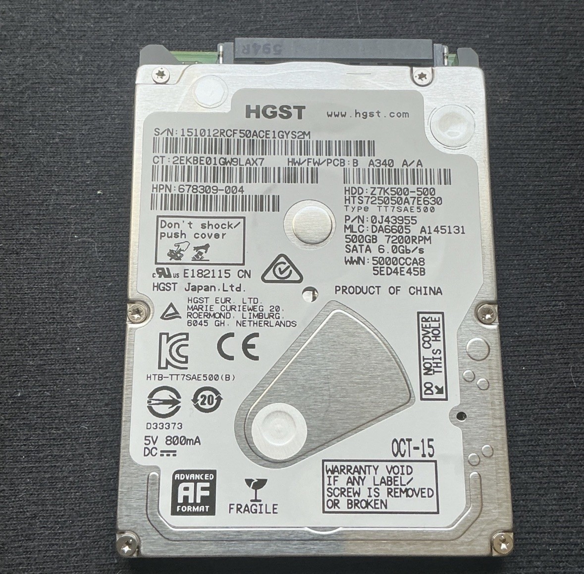 HGST HTS725050A7E630 500GB 2.5" 6Gb/s 32MB 7.2K RPM SATA Hard Drive P/N: 0J47815