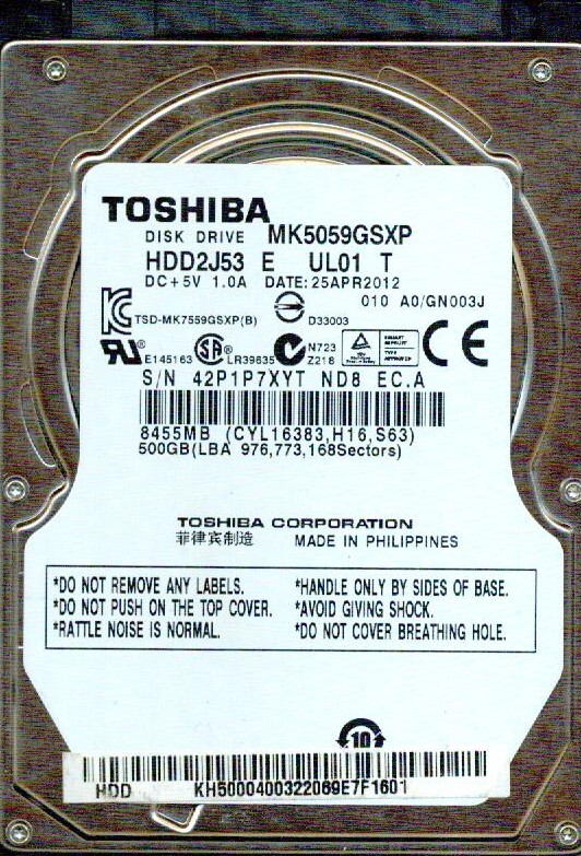 MK5059GSXP,  HDD2J53 E UL01 T, A0/GN003J  TOSHIBA SATA 500GB
