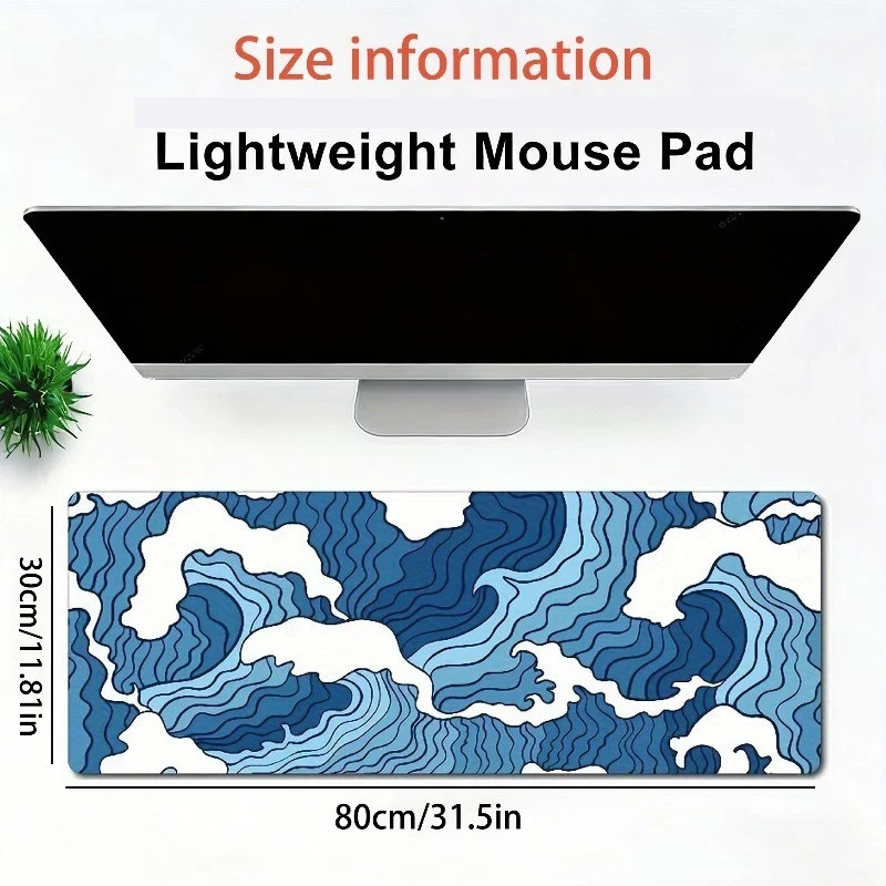 Ocean Ripple Desk Mat: Blue & White Wave Mouse Pad for Gaming Rooms Home Office